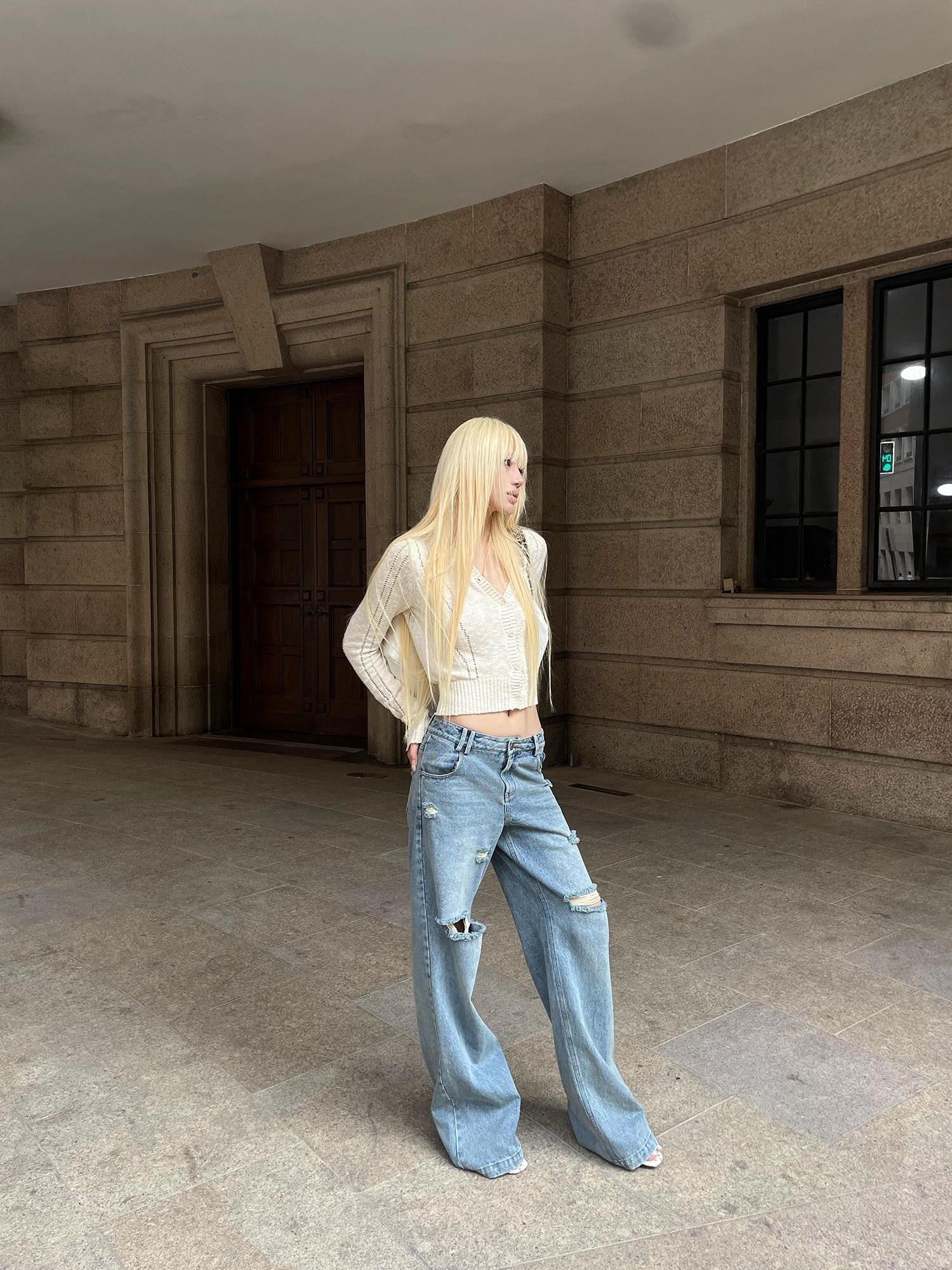 Rase le sol Blue Low Waist Ripped Loose Women's Denim Straight-leg Jeans