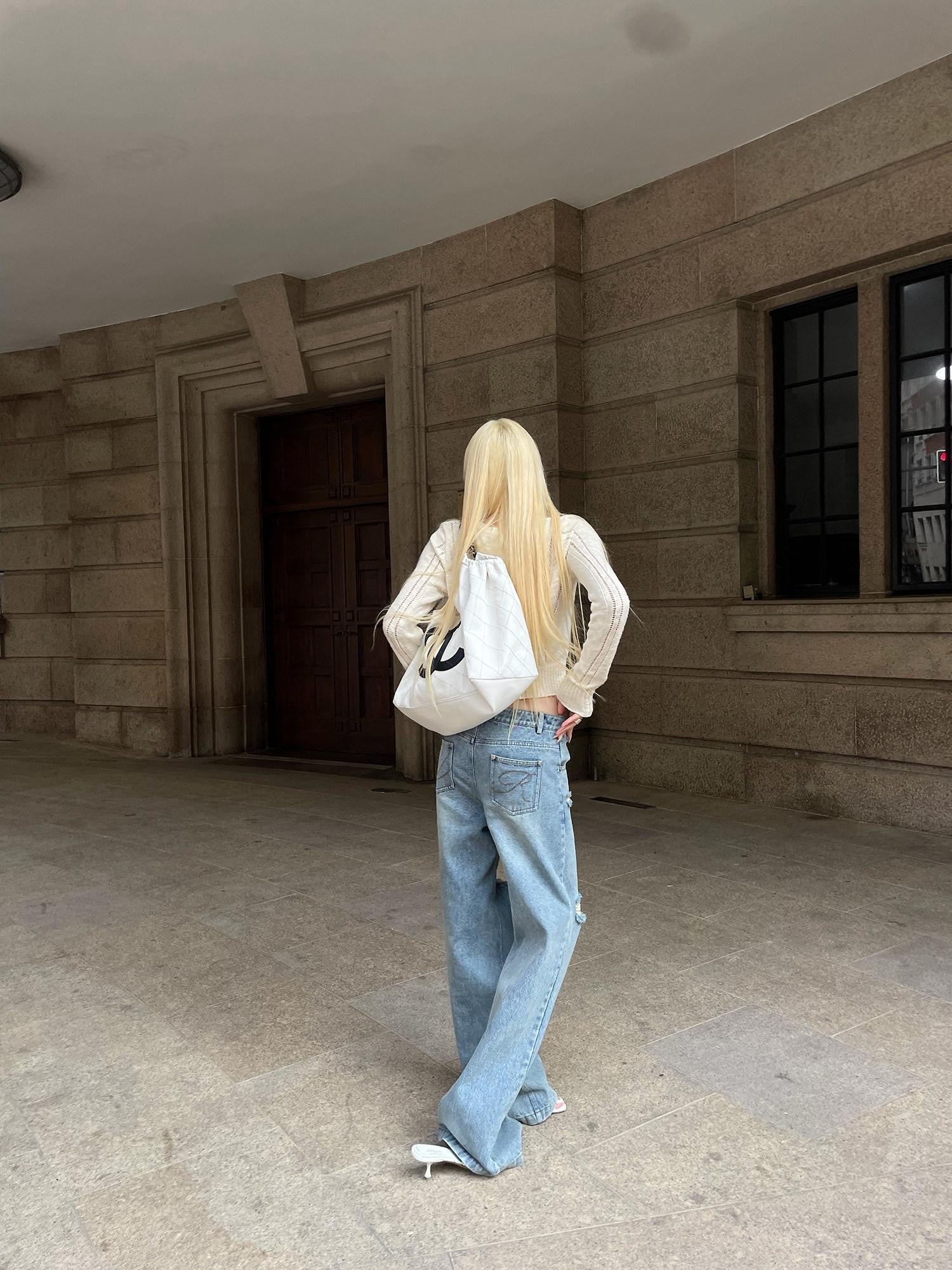 Rase le sol Blue Low Waist Ripped Loose Women's Denim Straight-leg Jeans