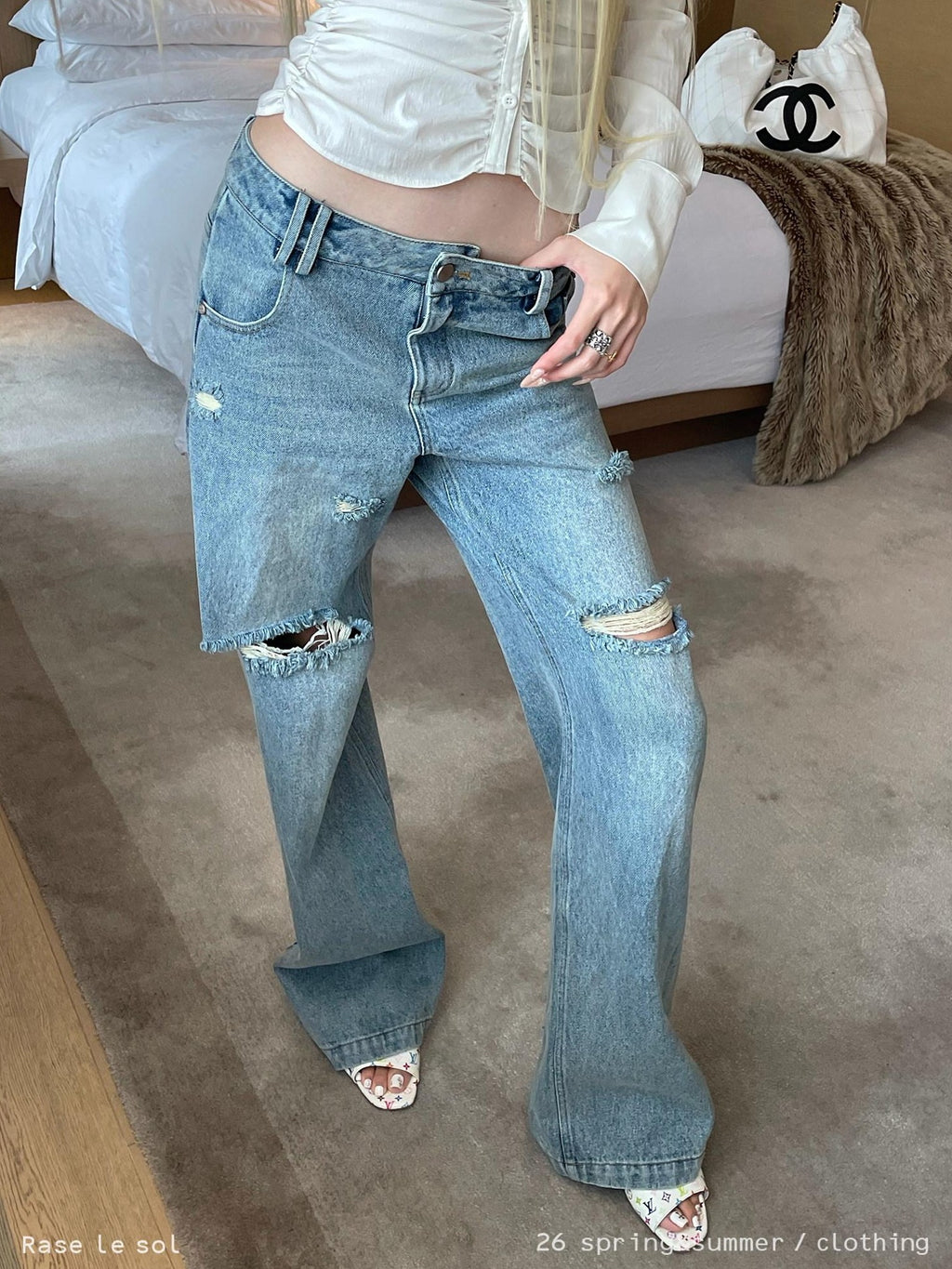 Rase le sol Blue Low Waist Ripped Loose Women's Denim Straight-leg Jeans