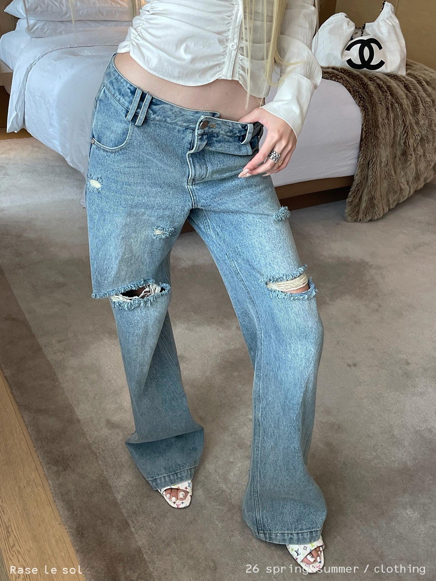 Rase le sol Blue Low Waist Ripped Loose Women's Denim Straight-leg Jeans