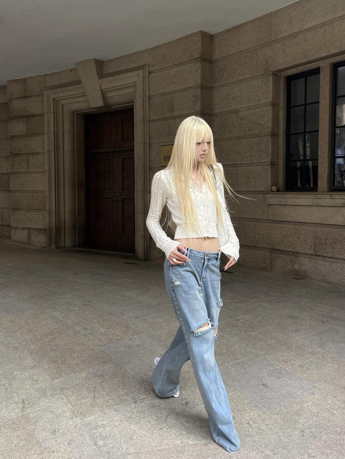 Rase le sol Blue Low Waist Ripped Loose Women's Denim Straight-leg Jeans