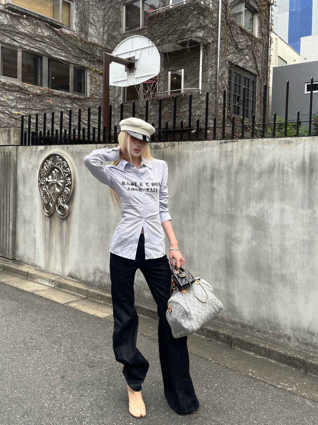 Rase le sol Blue Striped Print Slim Waist Long Sleeve Women's Overshirts