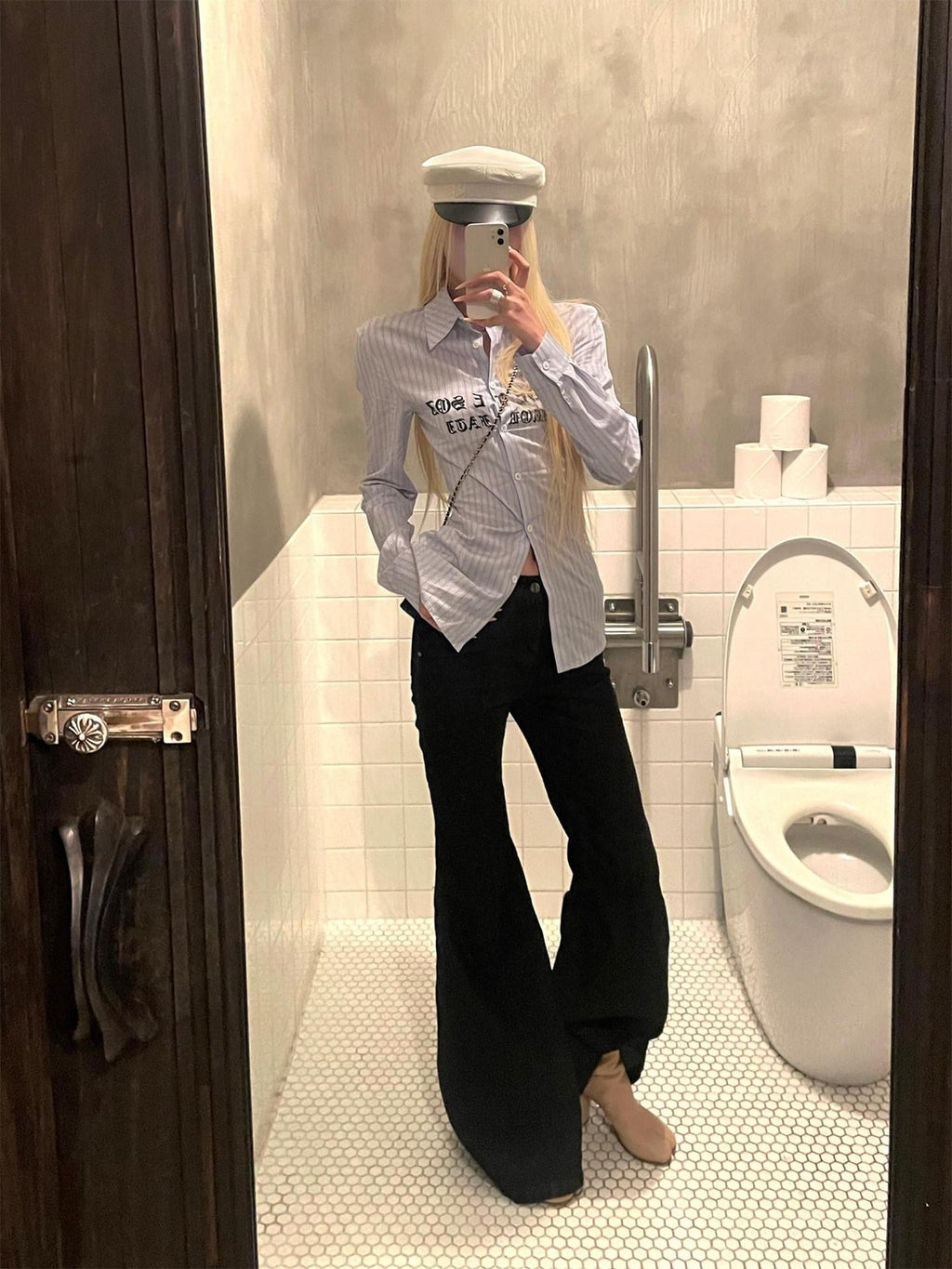 Rase le sol Blue Striped Print Slim Waist Long Sleeve Women's Overshirts
