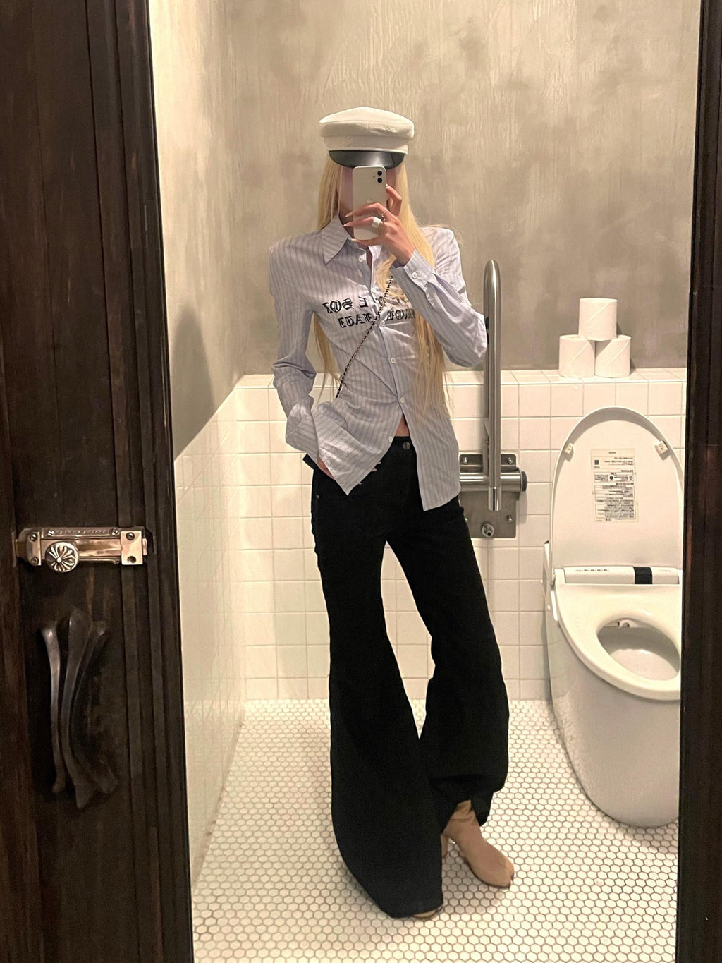 Rase le sol Blue Striped Print Slim Waist Long Sleeve Women's Overshirts