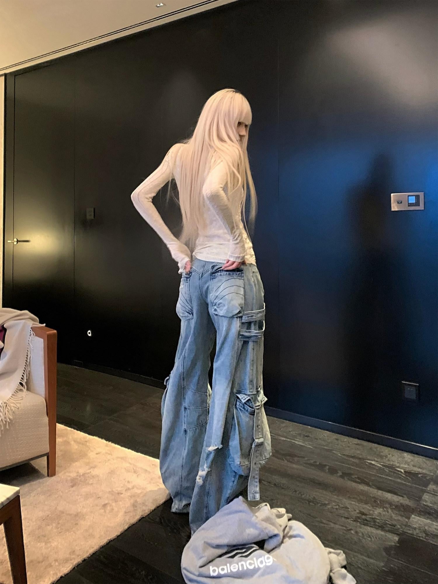 Rase le sol Blue Vintage Workwear Low Rise Loose Straight Women's Denim Wide-leg Jeans