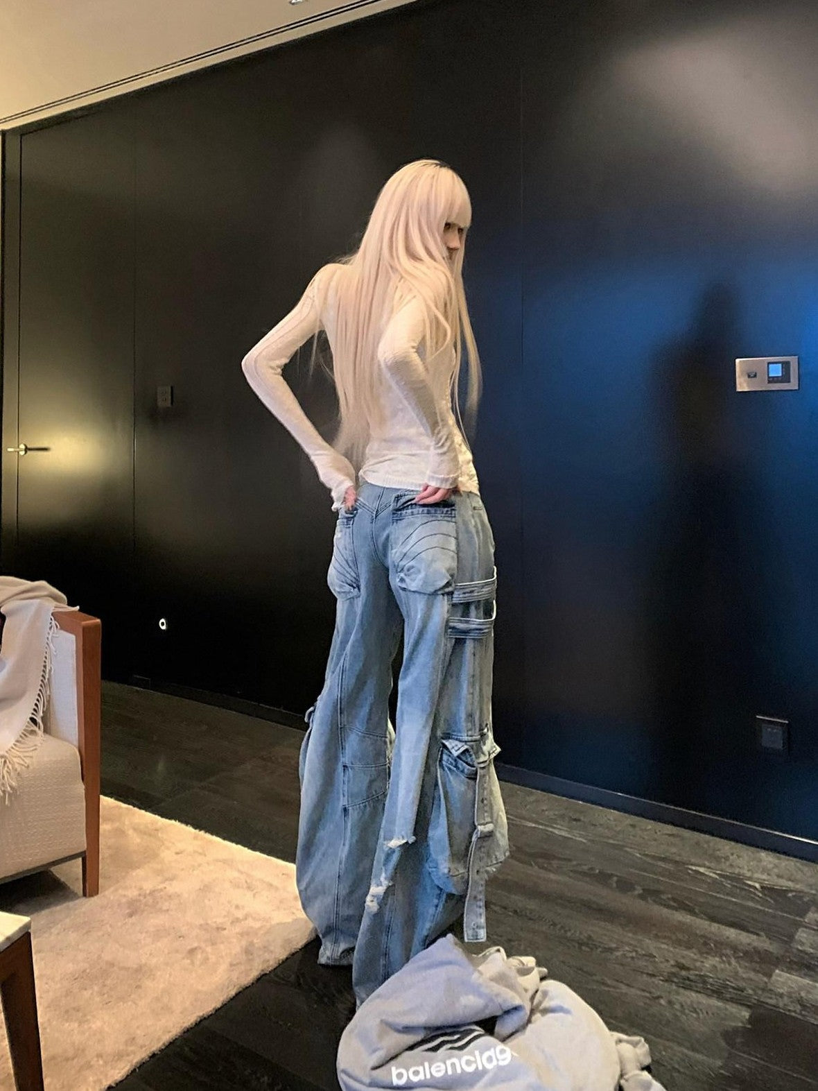 Rase le sol Blue Vintage Workwear Low Rise Loose Straight Women's Denim Wide-leg Jeans