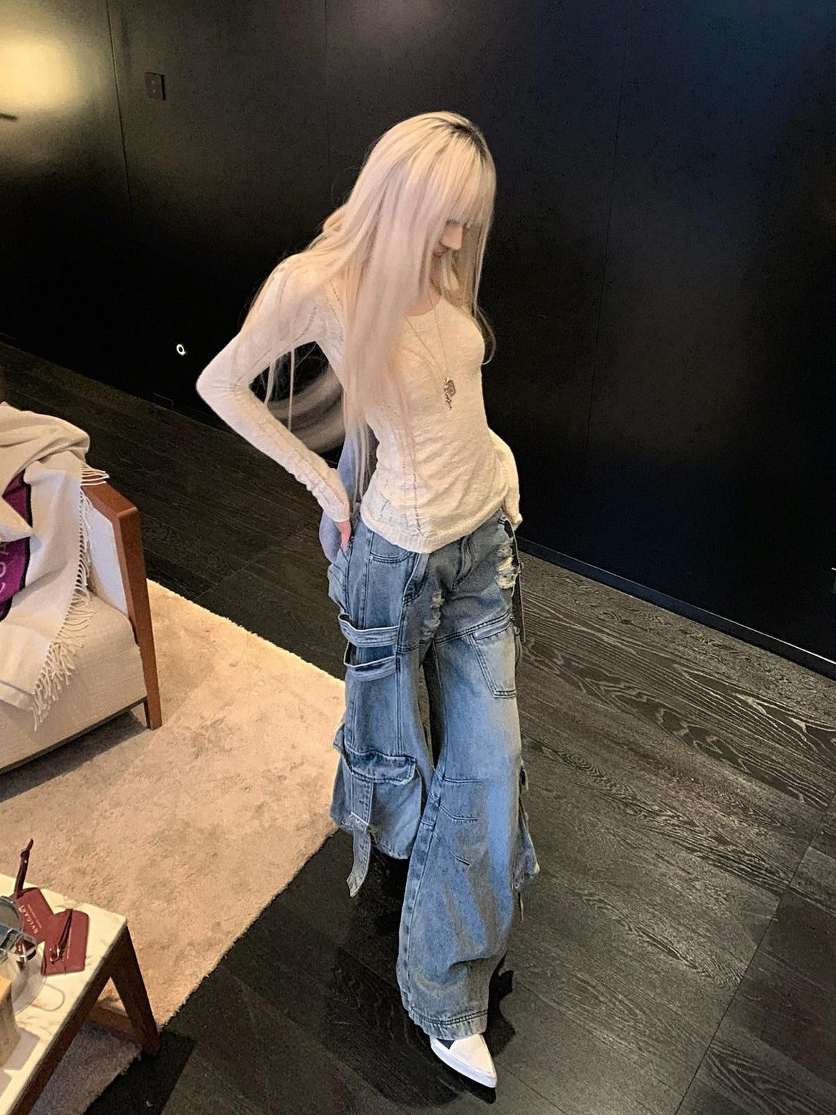 Rase le sol Blue Vintage Workwear Low Rise Loose Straight Women's Denim Wide-leg Jeans
