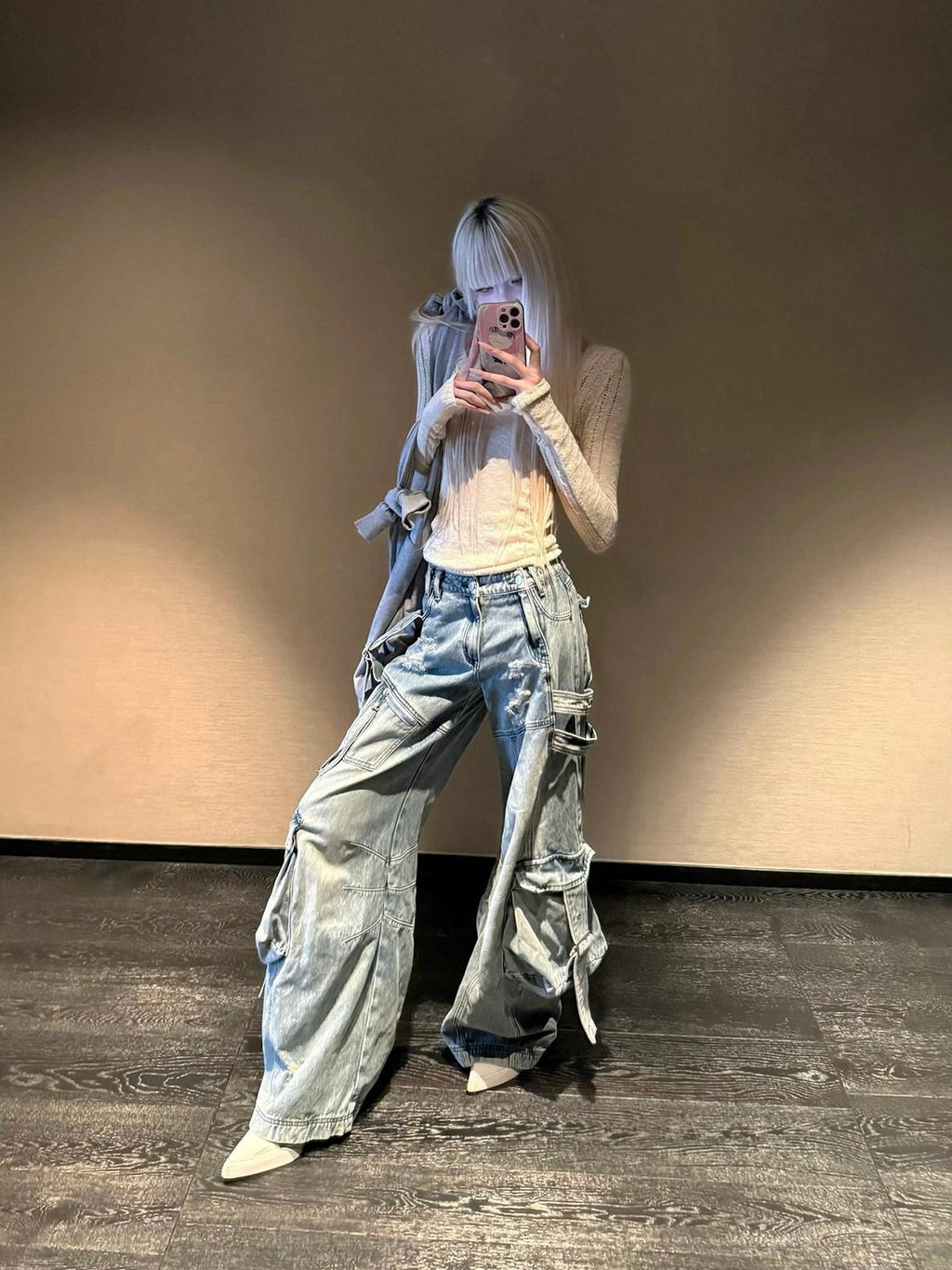 Rase le sol Blue Vintage Workwear Low Rise Loose Straight Women's Denim Wide-leg Jeans