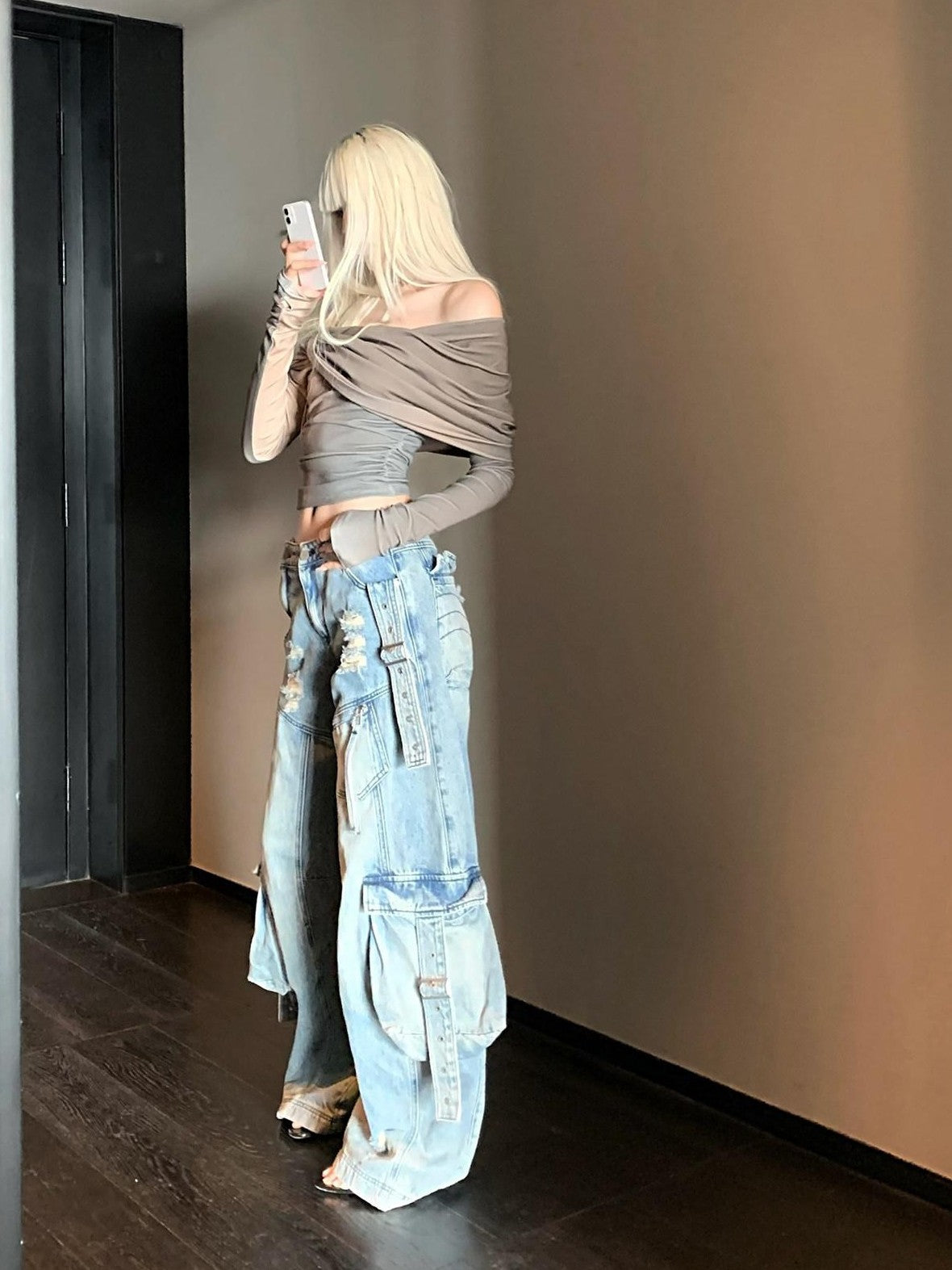 Rase le sol Blue Vintage Workwear Low Rise Loose Straight Women's Denim Wide-leg Jeans