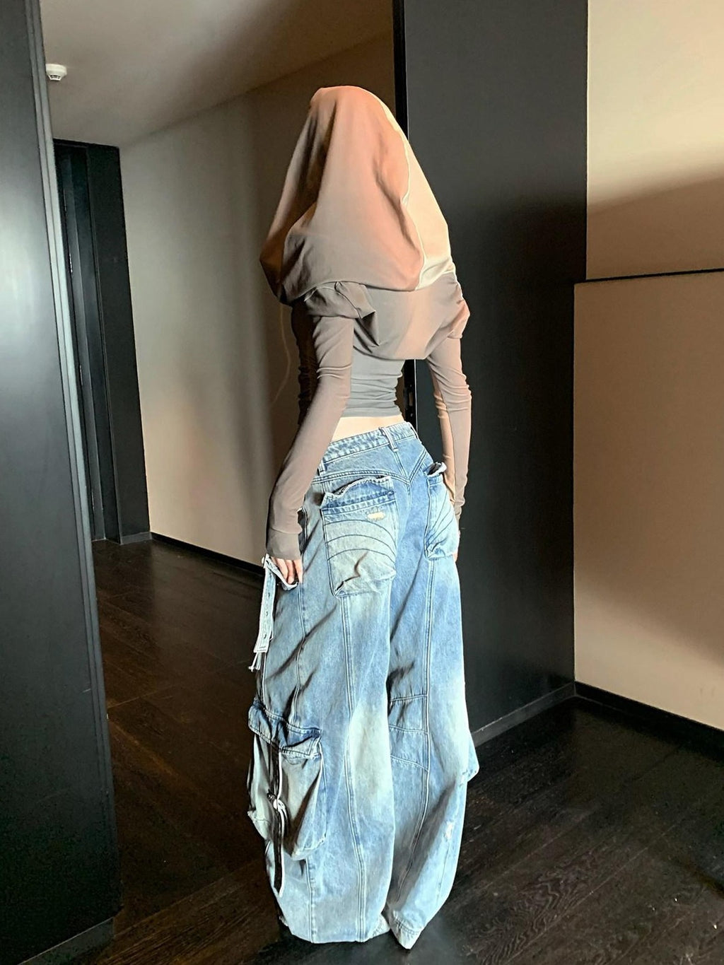 Rase le sol Blue Vintage Workwear Low Rise Loose Straight Women's Denim Wide-leg Jeans
