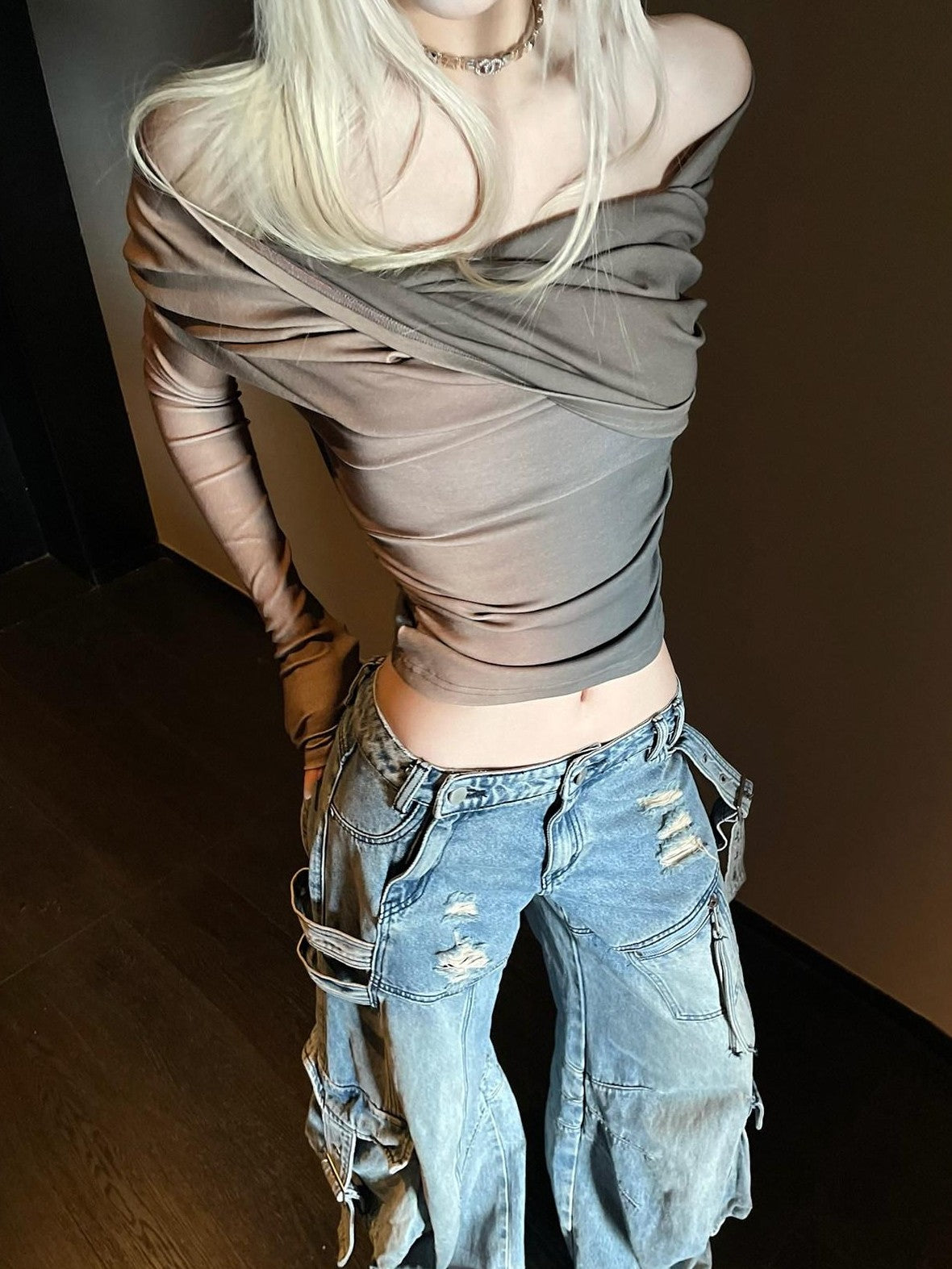 Rase le sol Blue Vintage Workwear Low Rise Loose Straight Women's Denim Wide-leg Jeans