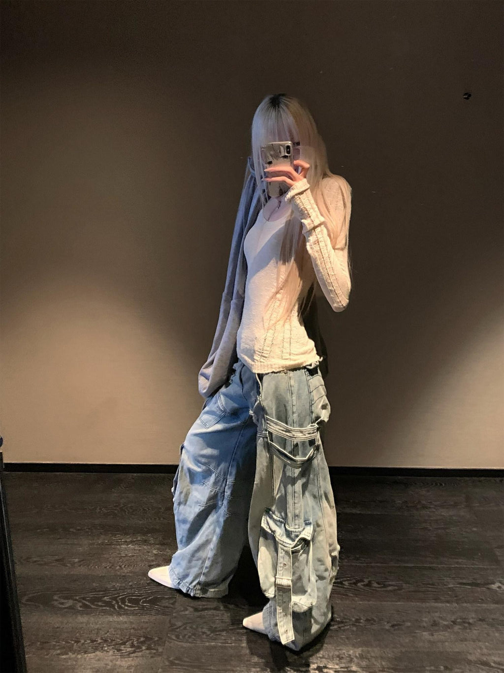 Rase le sol Blue Vintage Workwear Low Rise Loose Straight Women's Denim Wide-leg Jeans