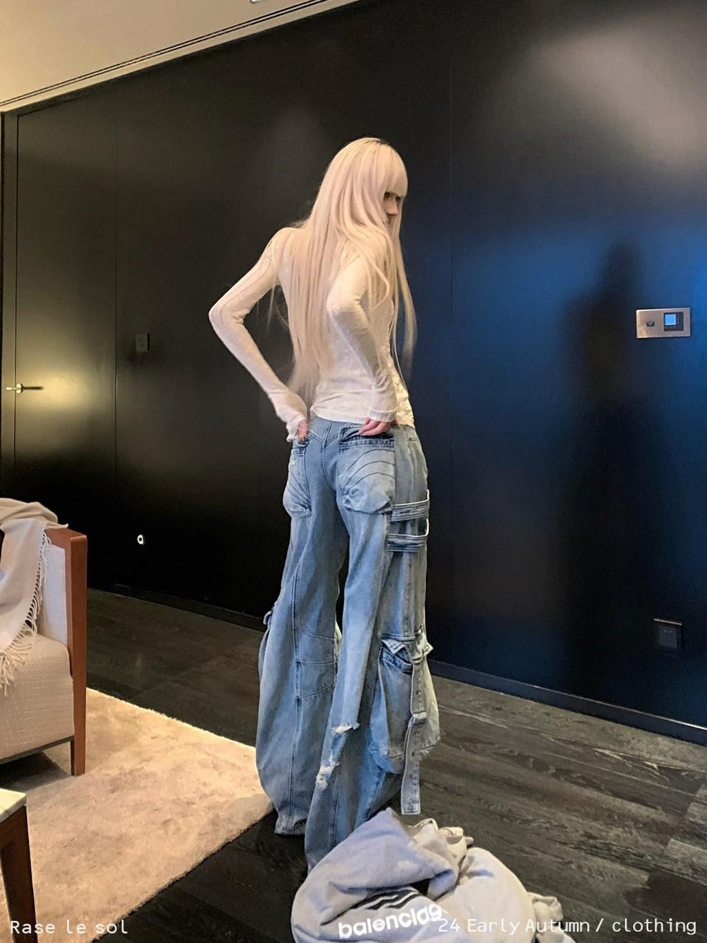 Rase le sol Blue Vintage Workwear Low Rise Loose Straight Women's Denim Wide-leg Jeans
