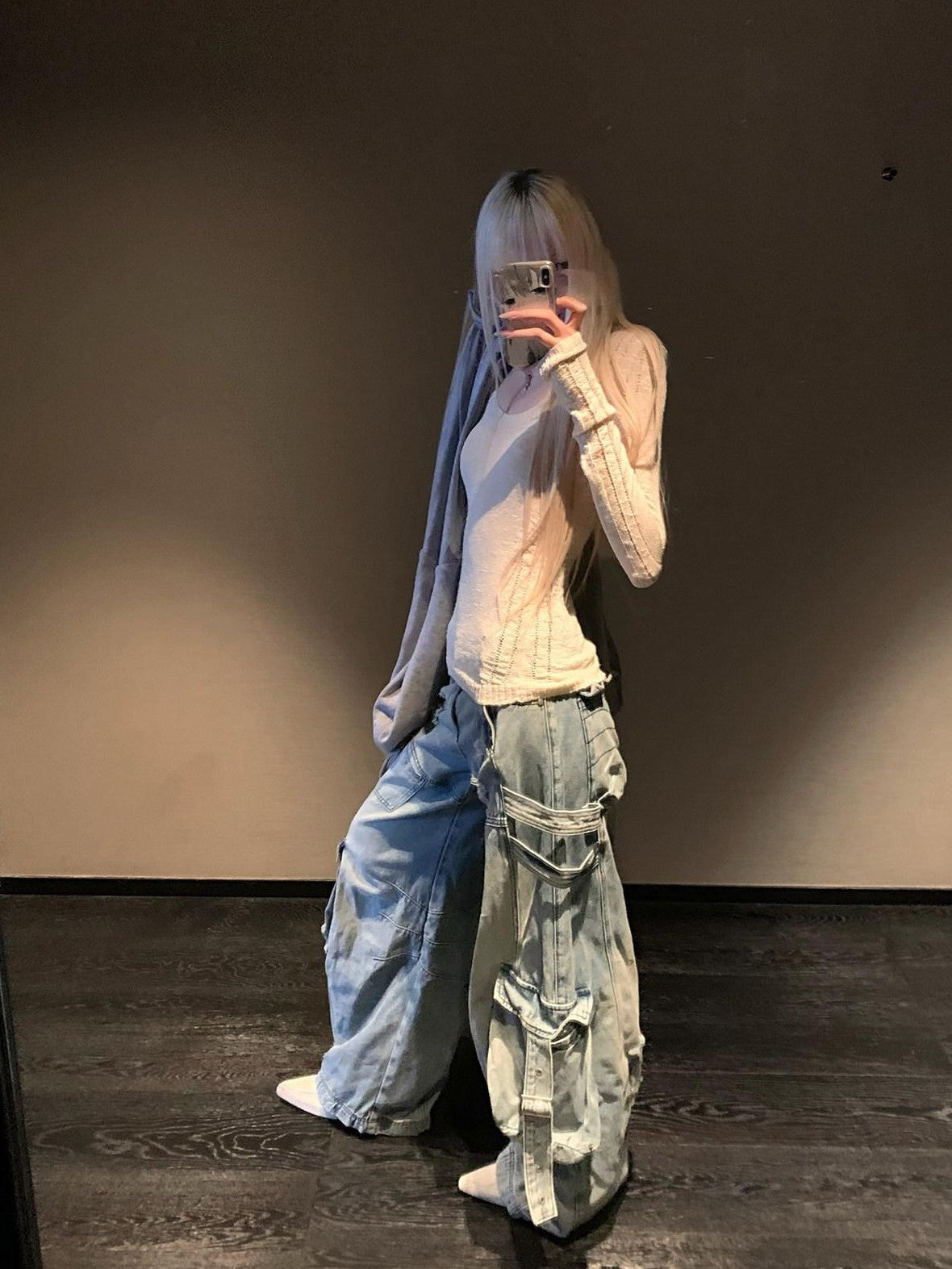 Rase le sol Blue Vintage Workwear Low Rise Loose Straight Women's Denim Wide-leg Jeans