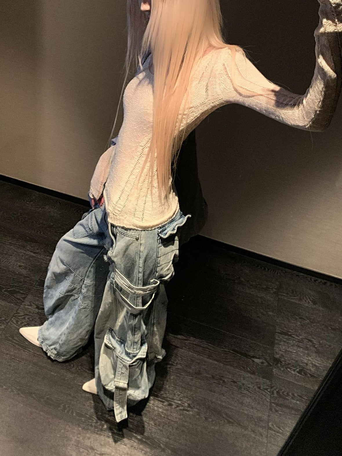 Rase le sol Blue Vintage Workwear Low Rise Loose Straight Women's Denim Wide-leg Jeans