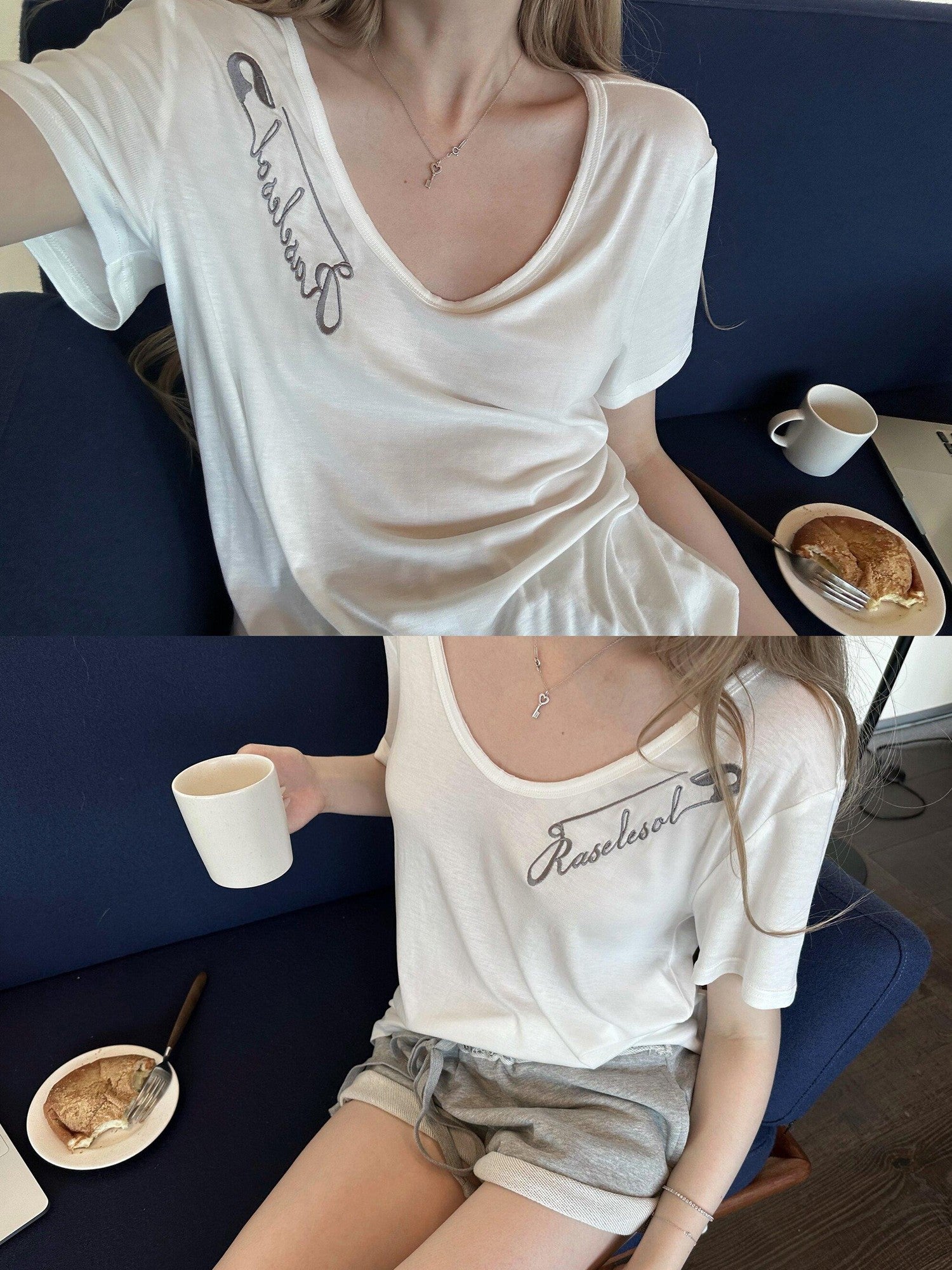Rase le sol Brooch Embroidered V-neck Women's Lyocell Short Sleeve T-shirts