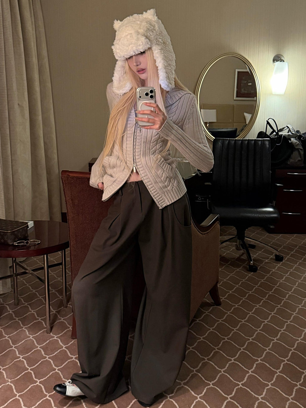Rase le sol Brown Loose Straight Relaxed Tailored Women's Wool Wide-leg Pants