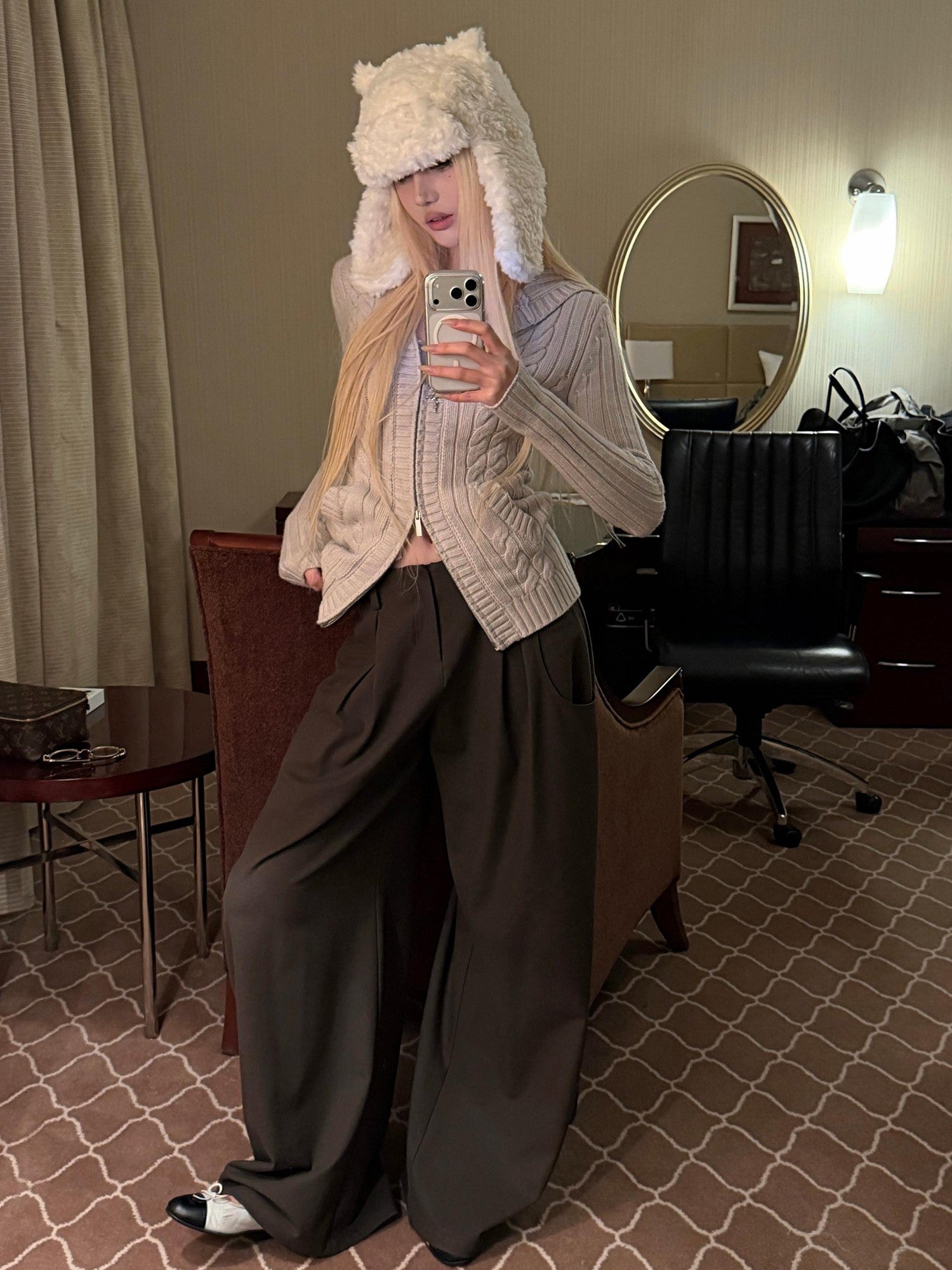 Rase le sol Brown Loose Straight Relaxed Tailored Women's Wool Wide-leg Pants