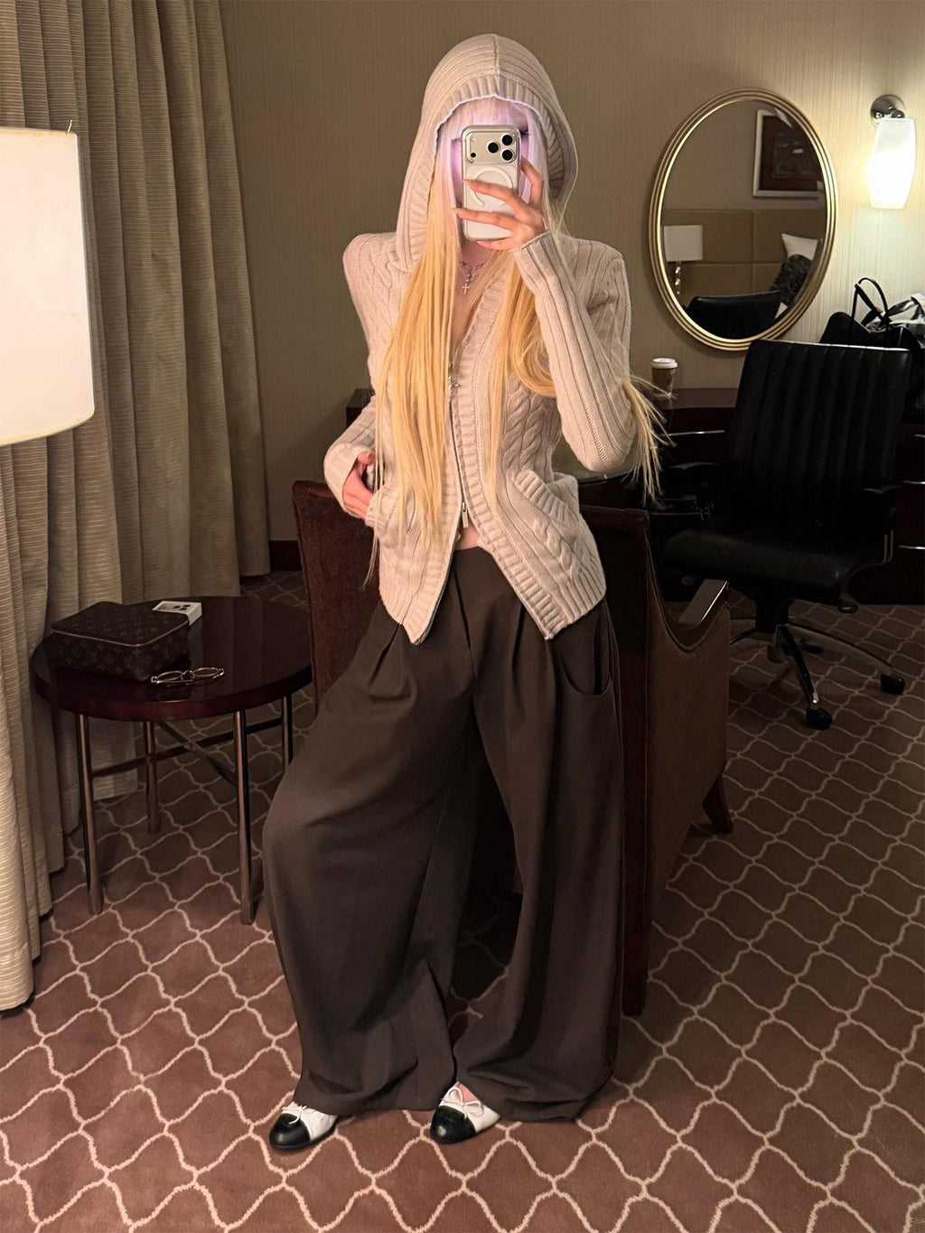 Rase le sol Brown Loose Straight Relaxed Tailored Women's Wool Wide-leg Pants