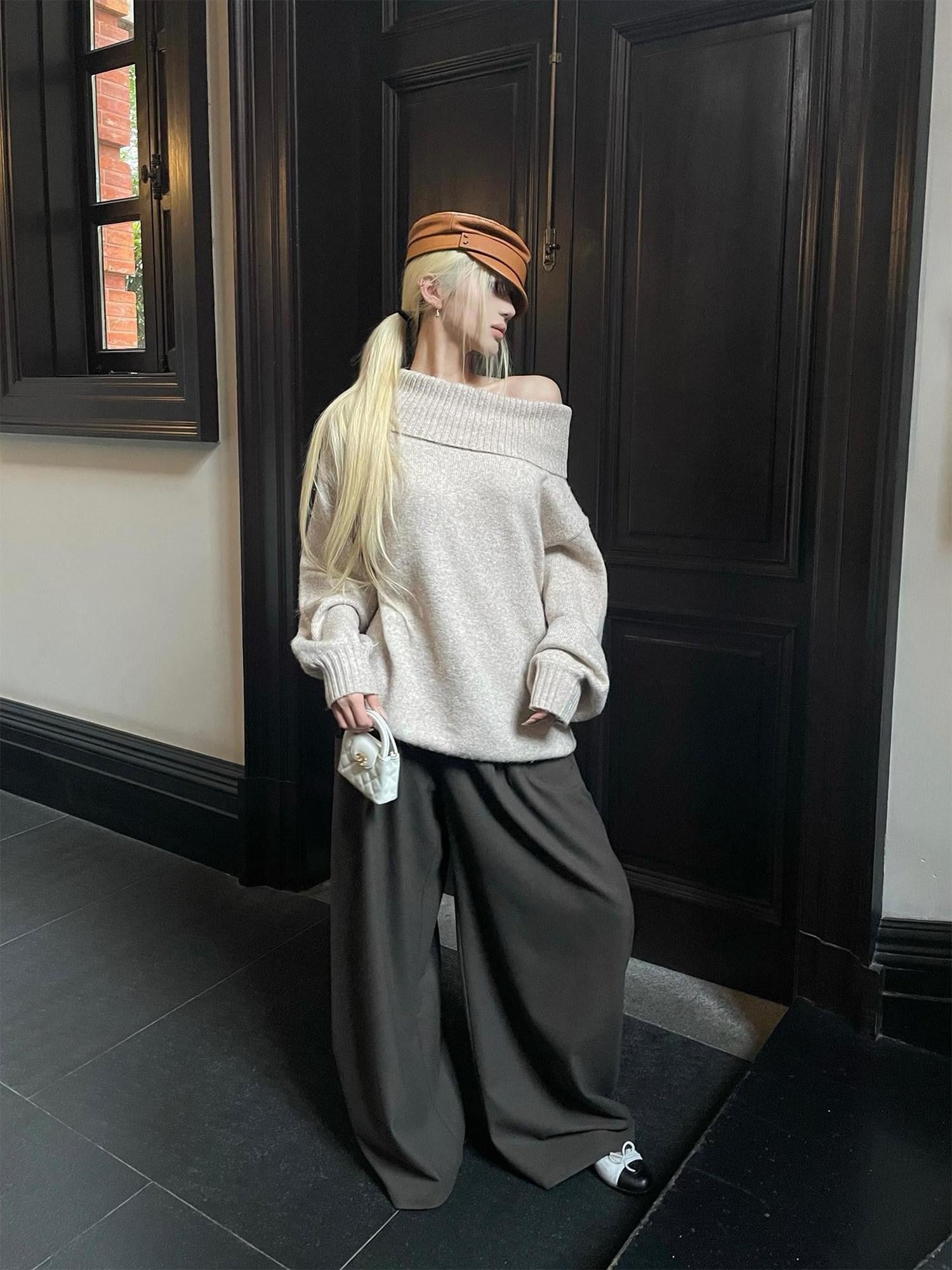 Rase le sol Brown Loose Straight Relaxed Tailored Women's Wool Wide-leg Pants