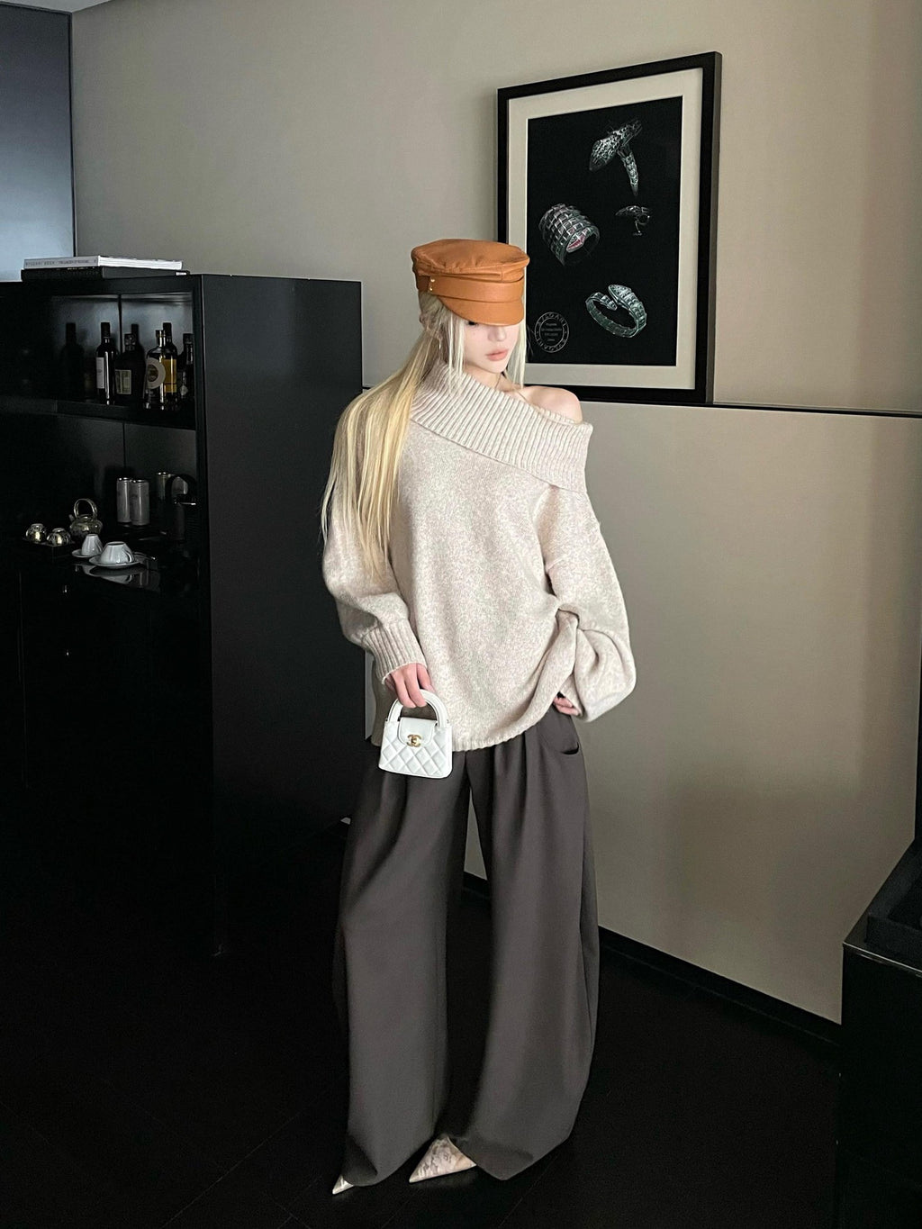 Rase le sol Brown Loose Straight Relaxed Tailored Women's Wool Wide-leg Pants
