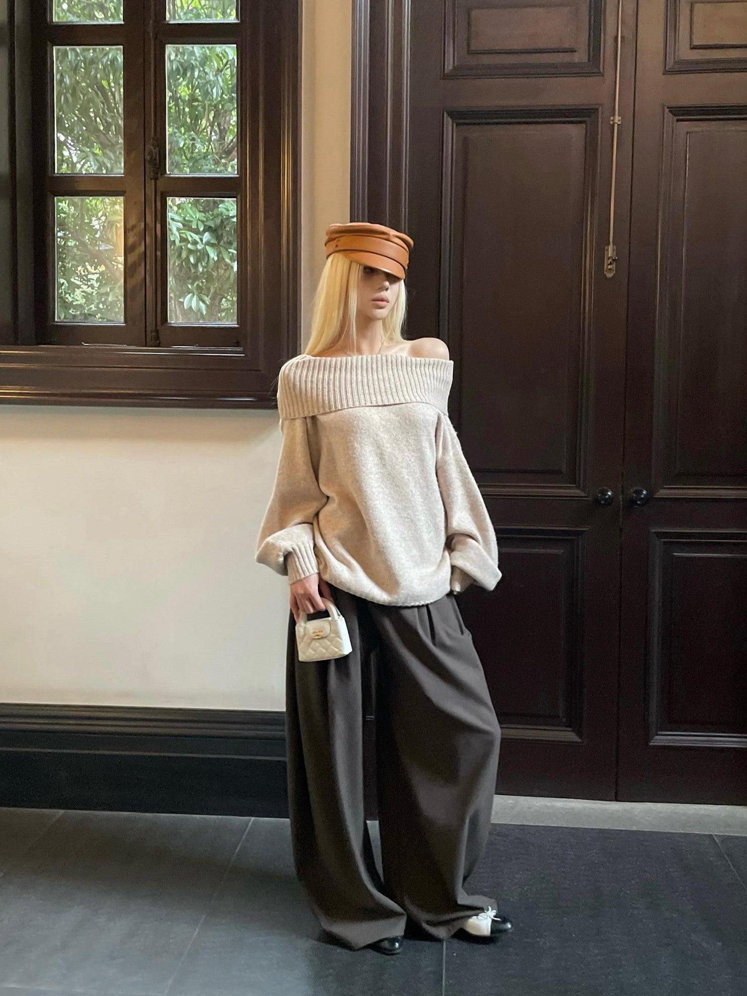 Rase le sol Brown Loose Straight Relaxed Tailored Women's Wool Wide-leg Pants