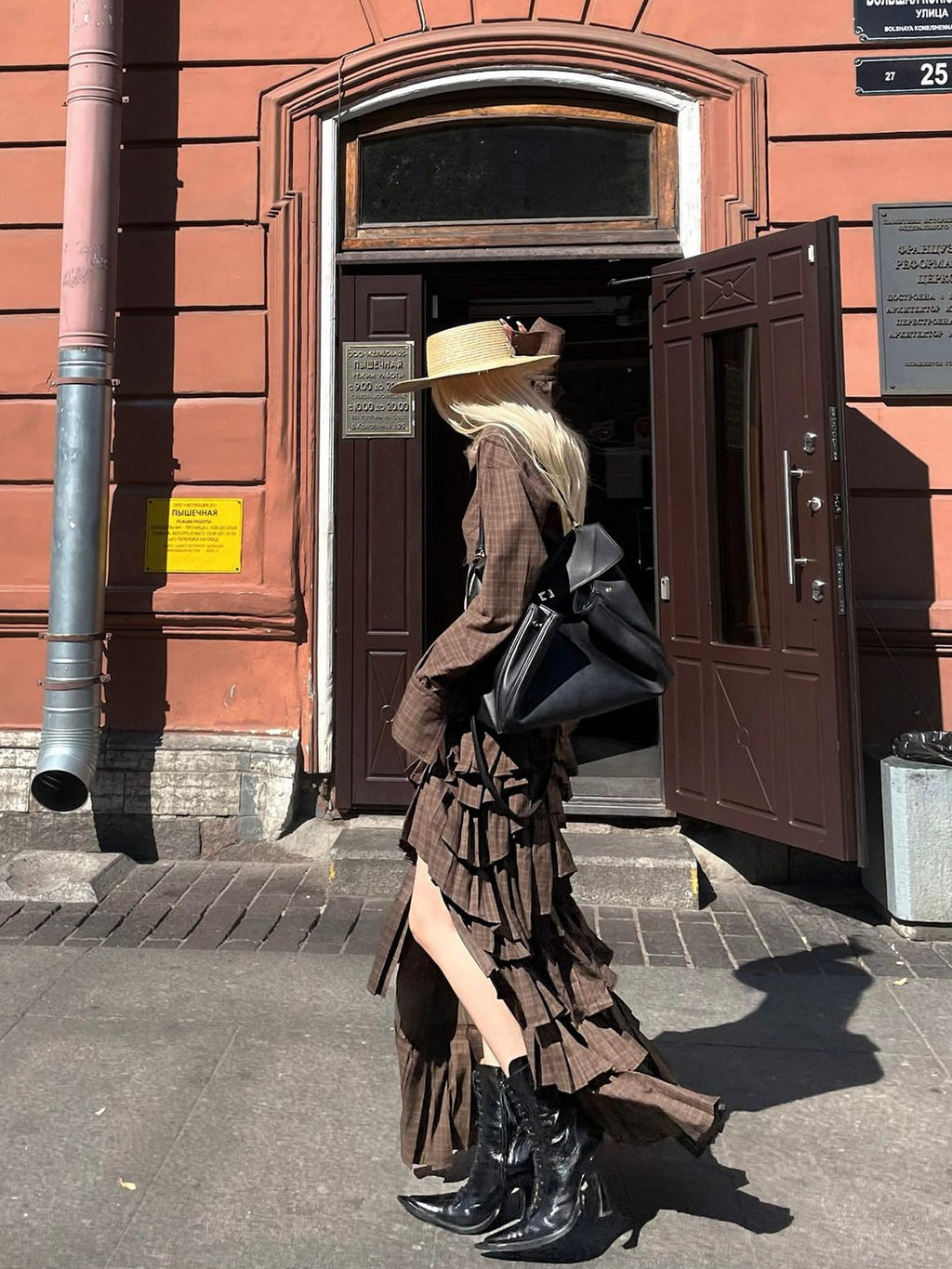 Rase le sol Brown Plaid Cropped Shirt And Long Skirt Women's Matching Skirt Sets