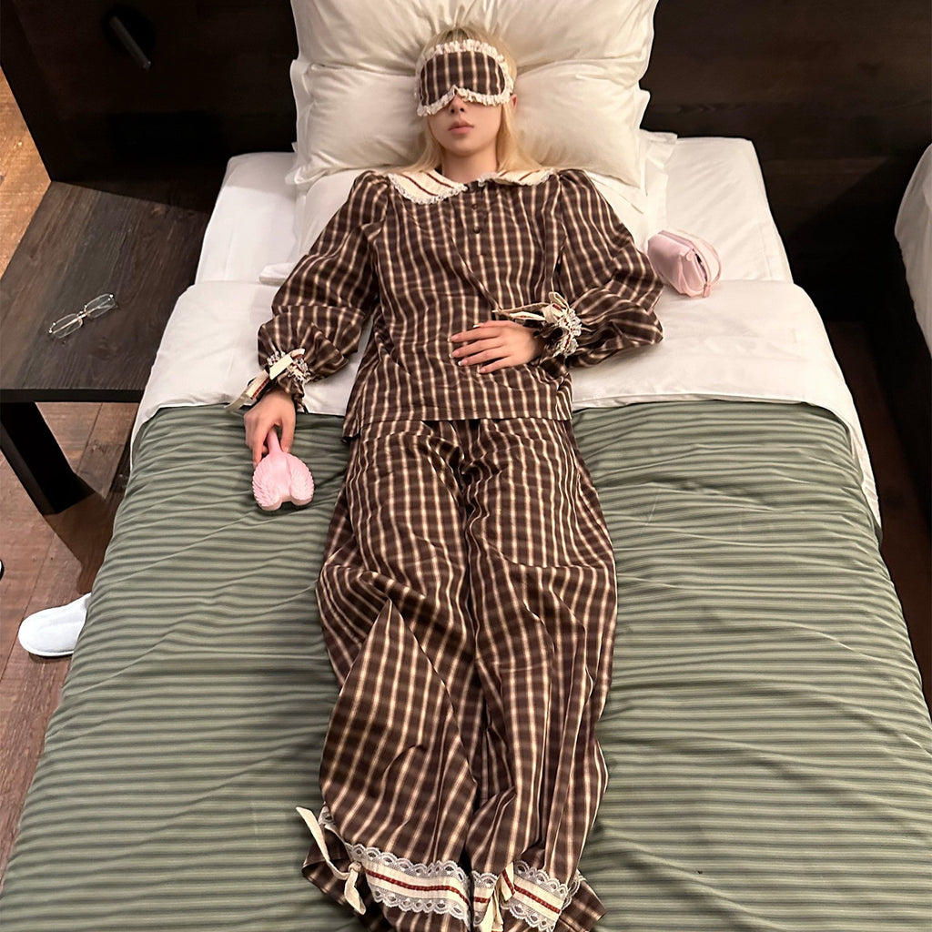 Rase_le_sol_Brown_Plaid_Peter_Pan_Doll_Collar_Women's_Lounge_Top_&_Pants_Sets_1015617072693_MISSTT