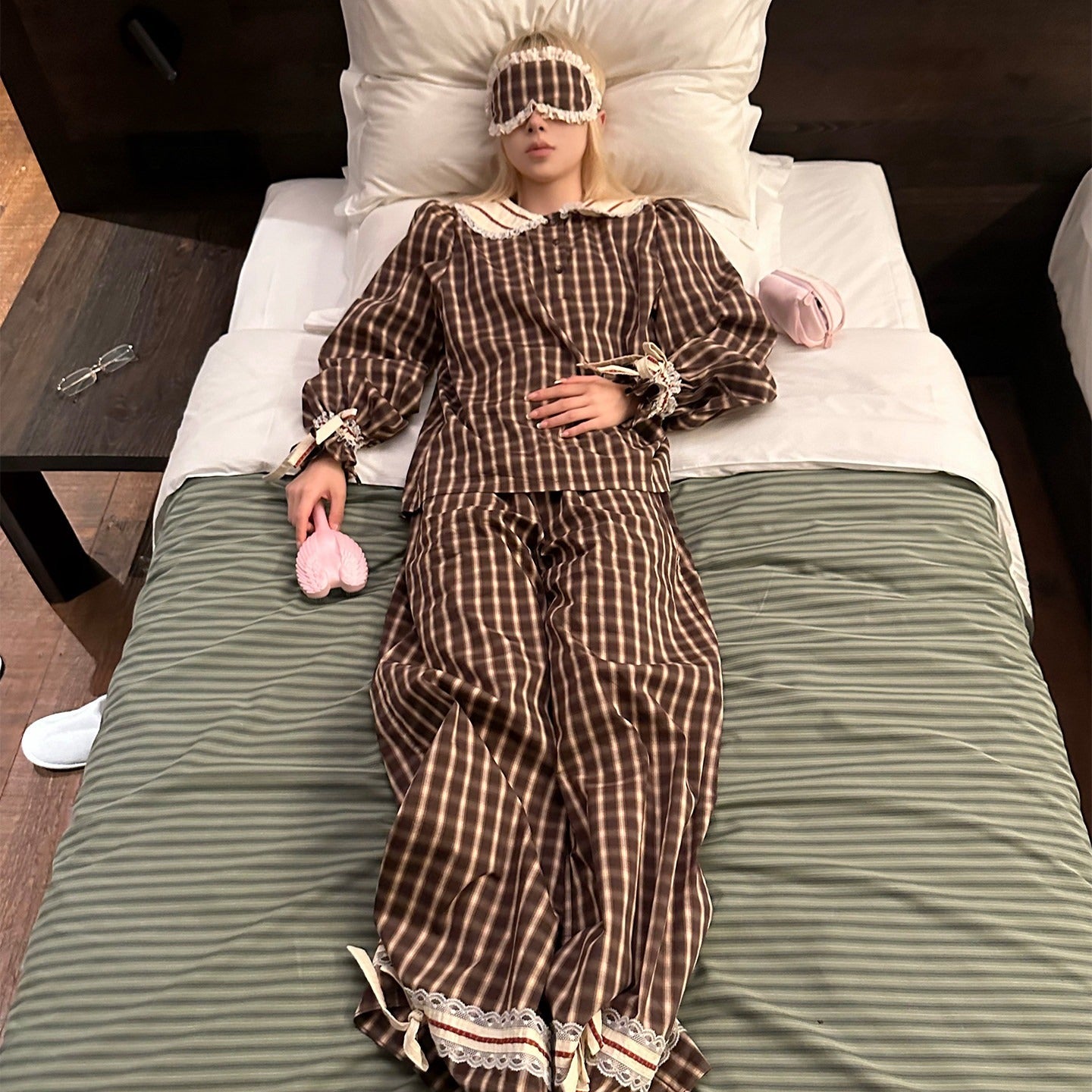 Rase_le_sol_Brown_Plaid_Peter_Pan_Doll_Collar_Women's_Lounge_Top_&_Pants_Sets_1015617072693_MISSTT