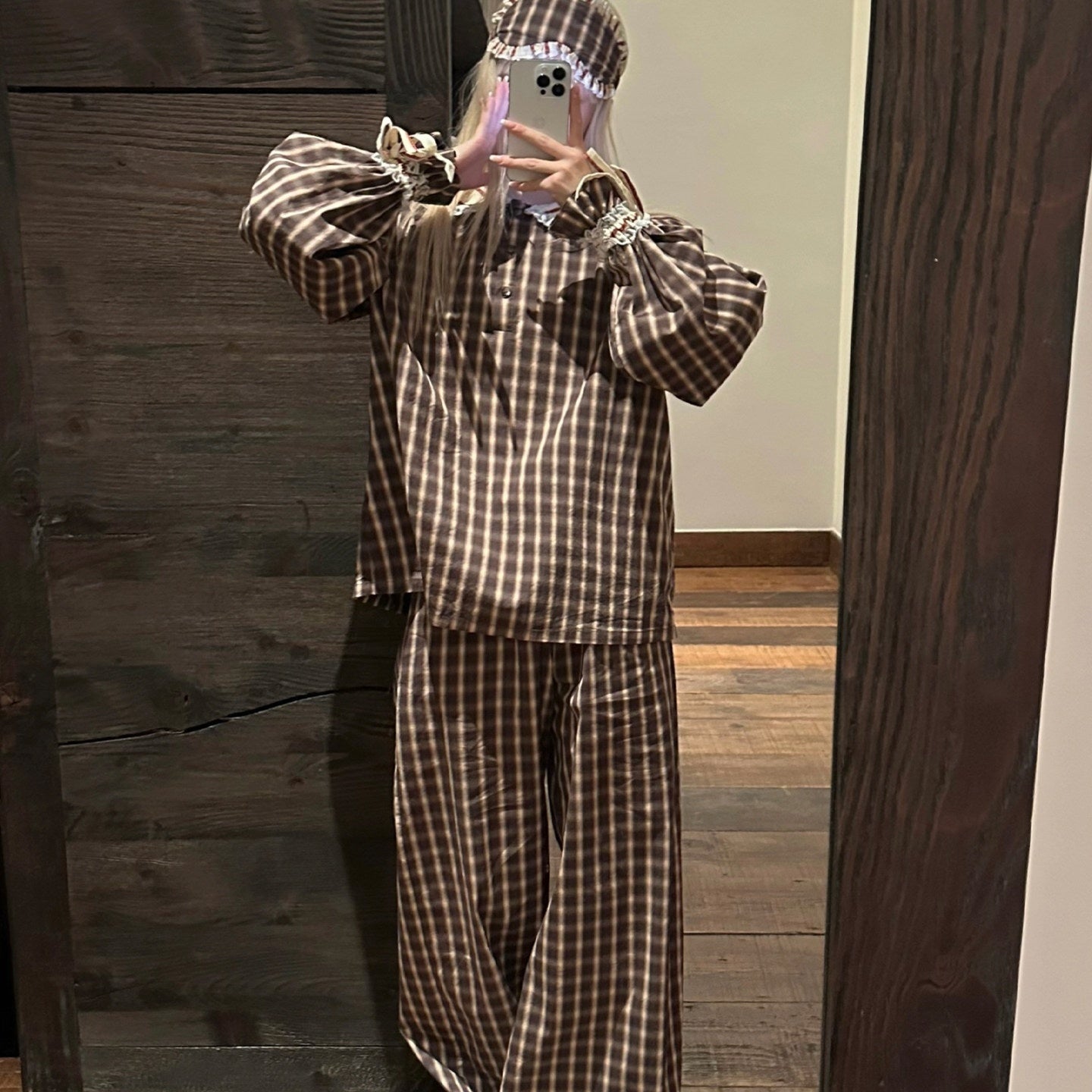 Rase_le_sol_Brown_Plaid_Peter_Pan_Doll_Collar_Women's_Lounge_Top_&_Pants_Sets_1015617072693_MISSTT