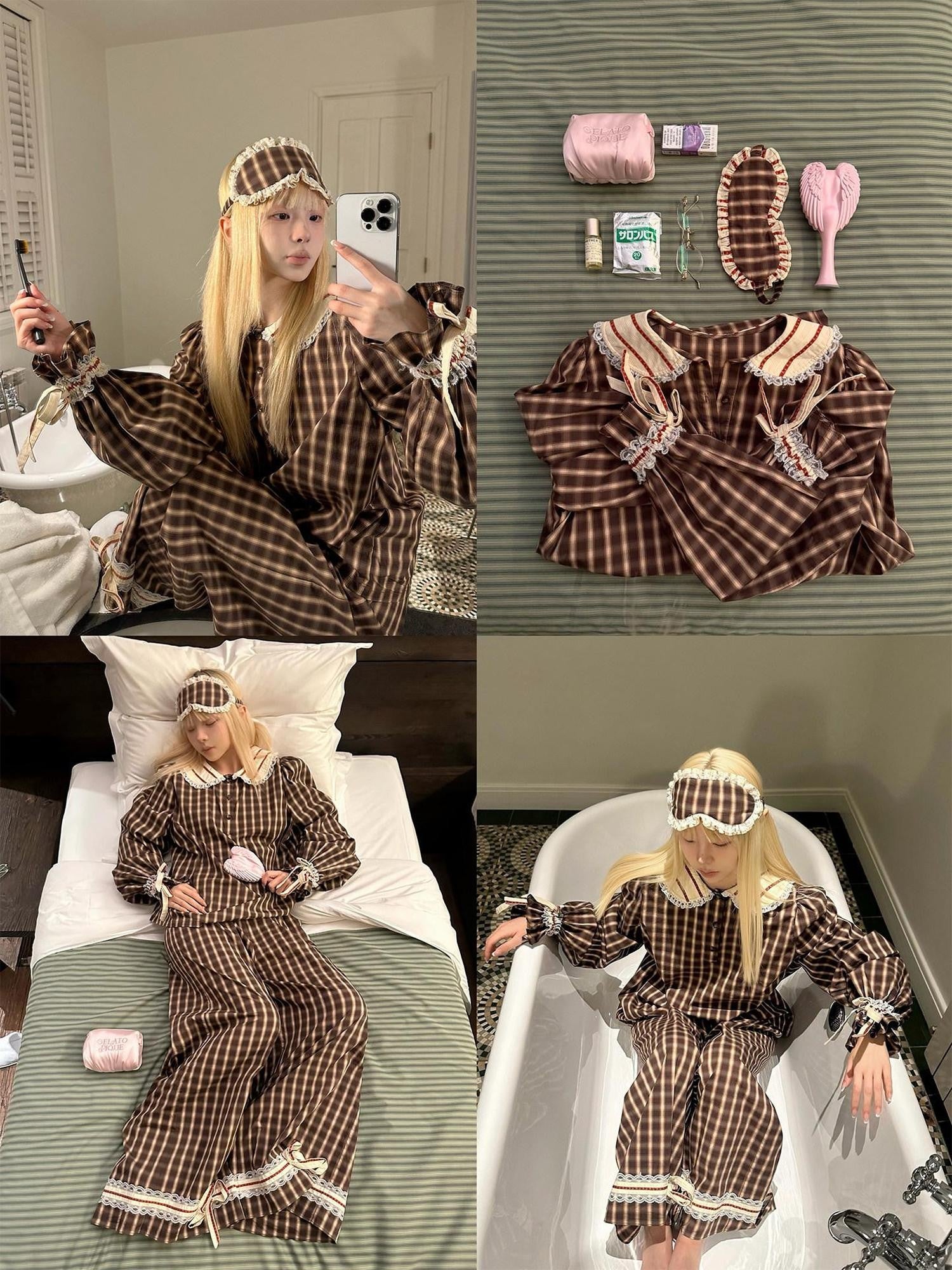 Rase le sol Brown Plaid Peter Pan Doll Collar Women's Lounge Top & Pants Sets