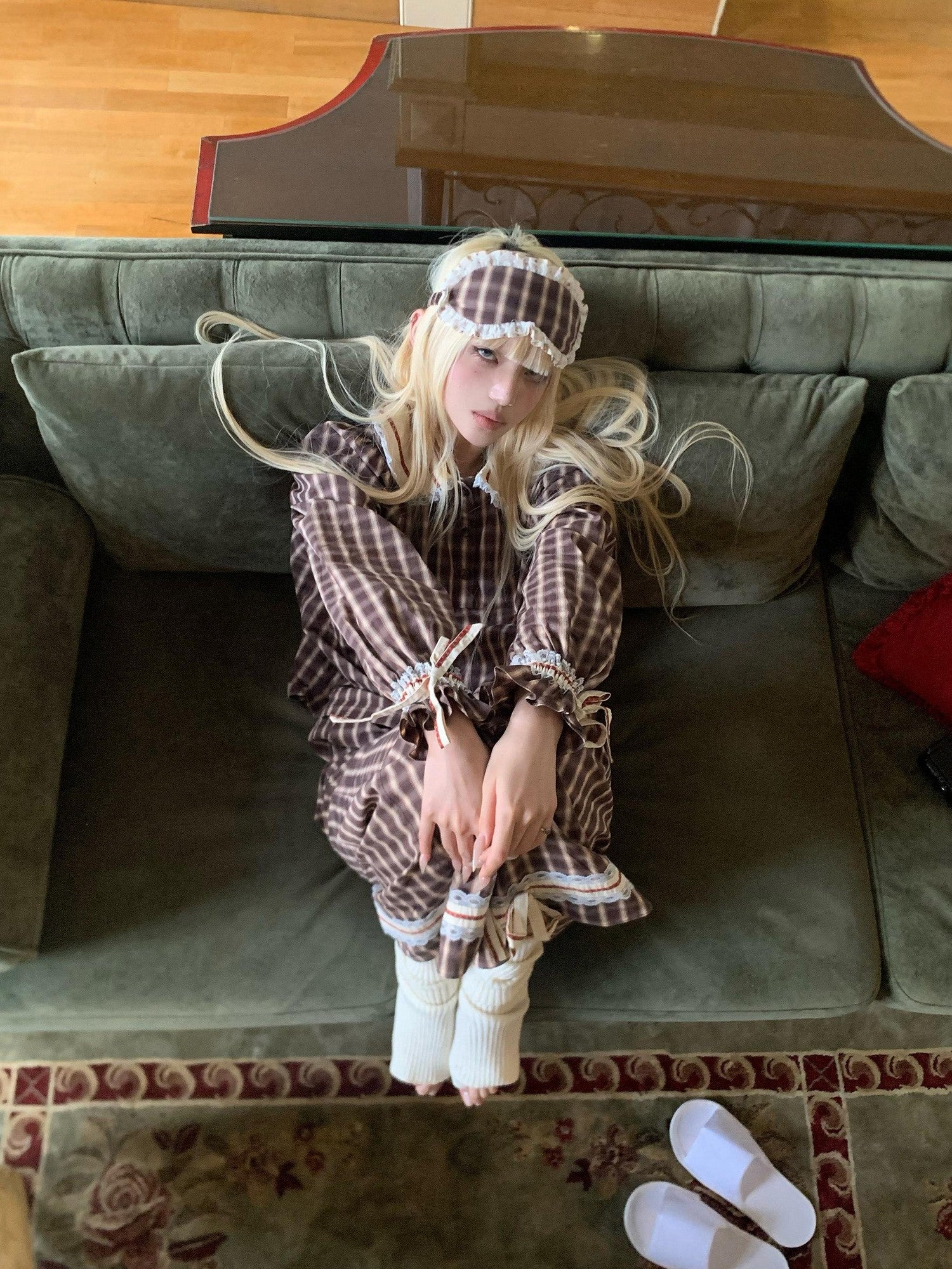 Rase le sol Brown Plaid Peter Pan Doll Collar Women's Lounge Top & Pants Sets