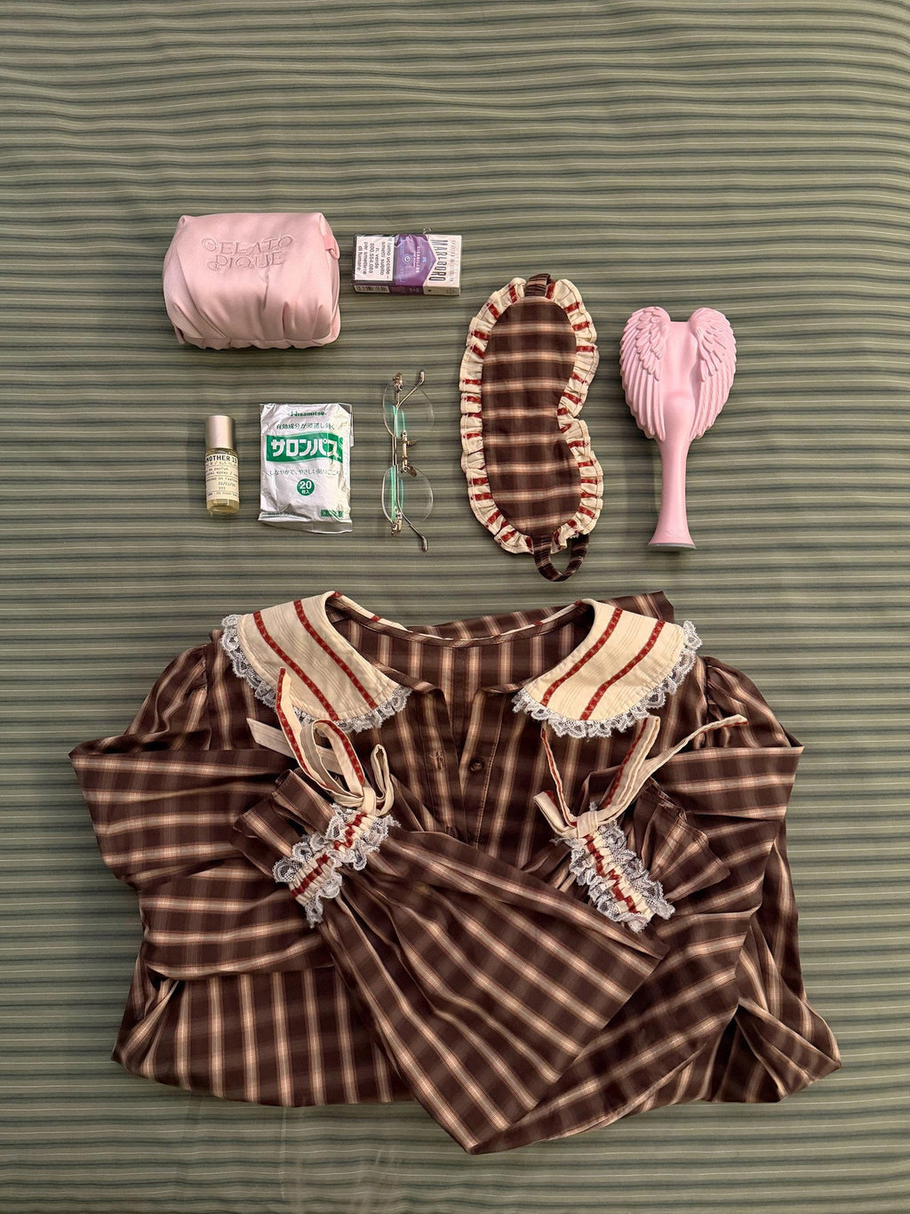 Rase le sol Brown Plaid Peter Pan Doll Collar Women's Lounge Top & Pants Sets