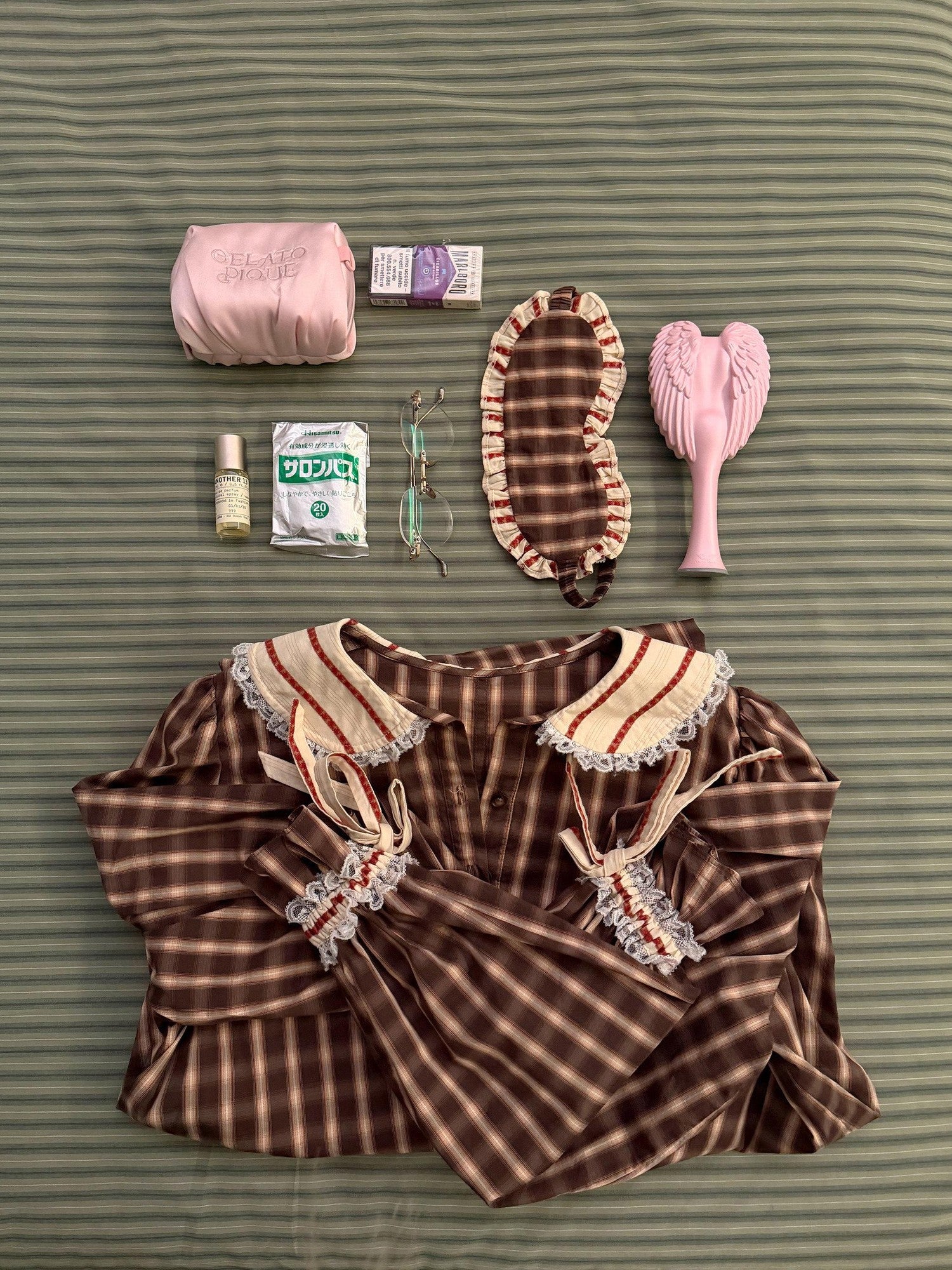 Rase le sol Brown Plaid Peter Pan Doll Collar Women's Lounge Top & Pants Sets