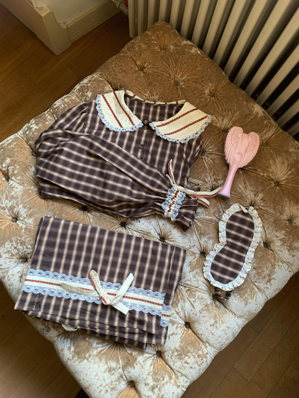 Rase le sol Brown Plaid Peter Pan Doll Collar Women's Lounge Top & Pants Sets