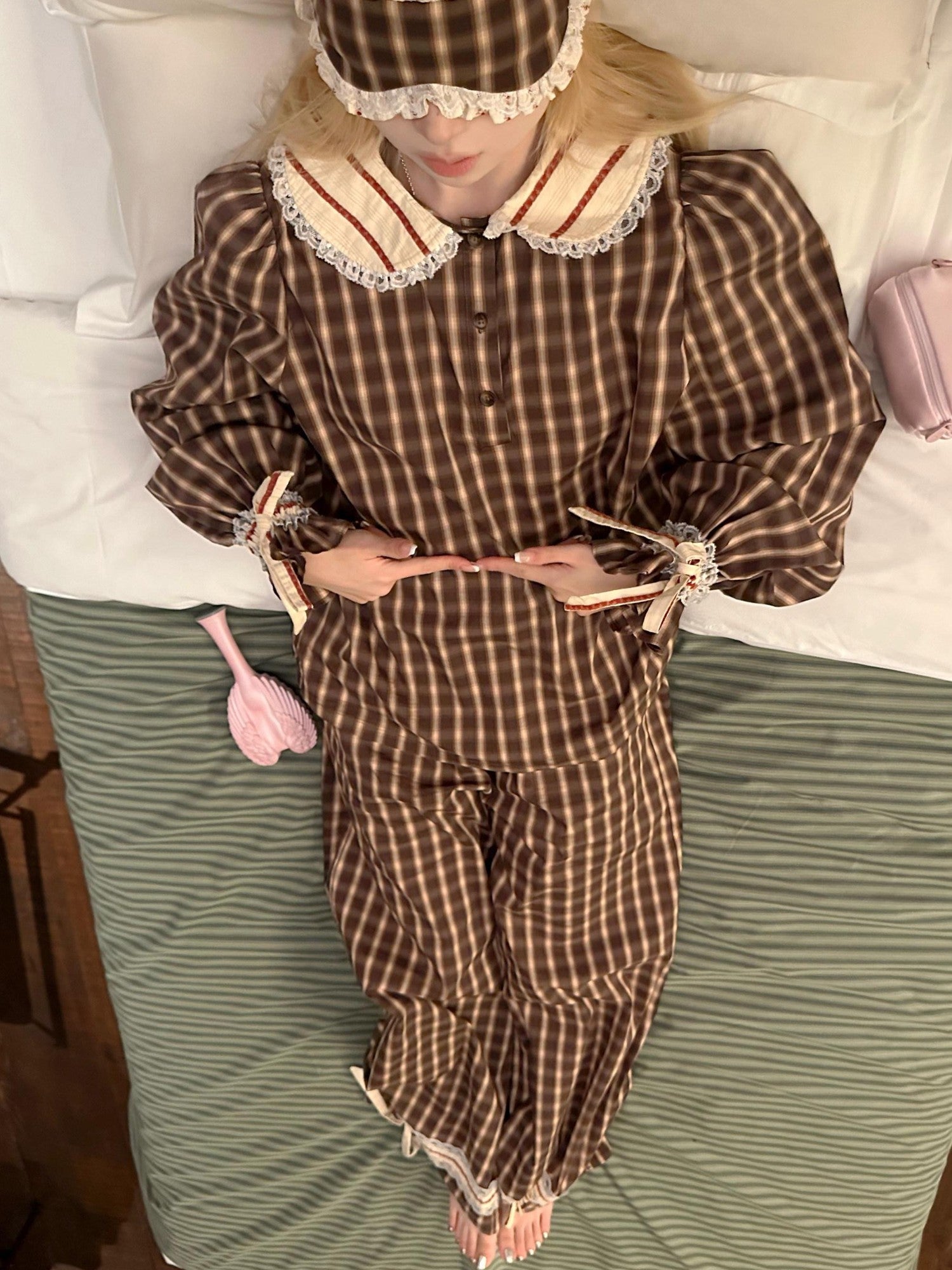 Rase le sol Brown Plaid Peter Pan Doll Collar Women's Lounge Top & Pants Sets