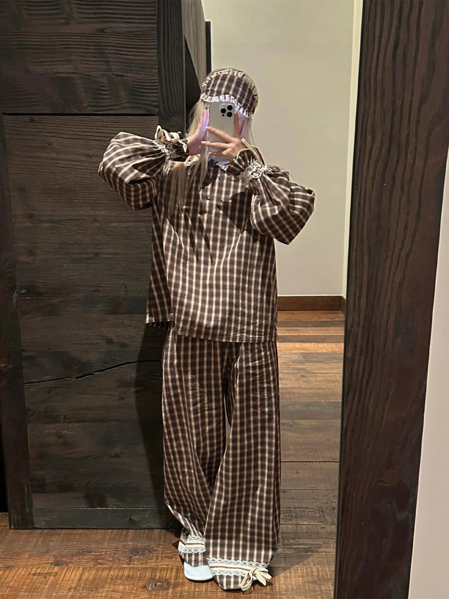 Rase le sol Brown Plaid Peter Pan Doll Collar Women's Lounge Top & Pants Sets