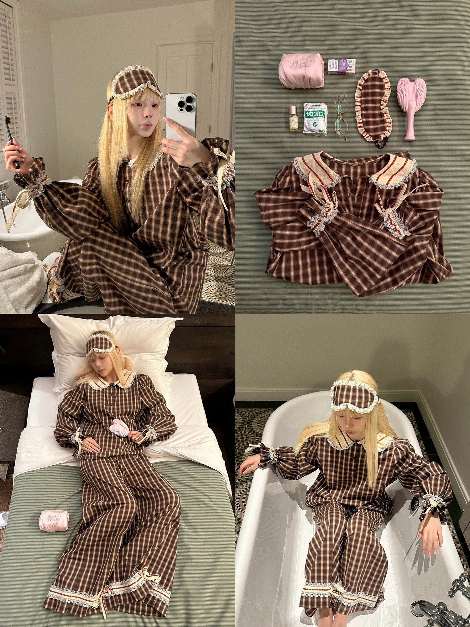 Rase le sol Brown Plaid Peter Pan Doll Collar Women's Lounge Top & Pants Sets