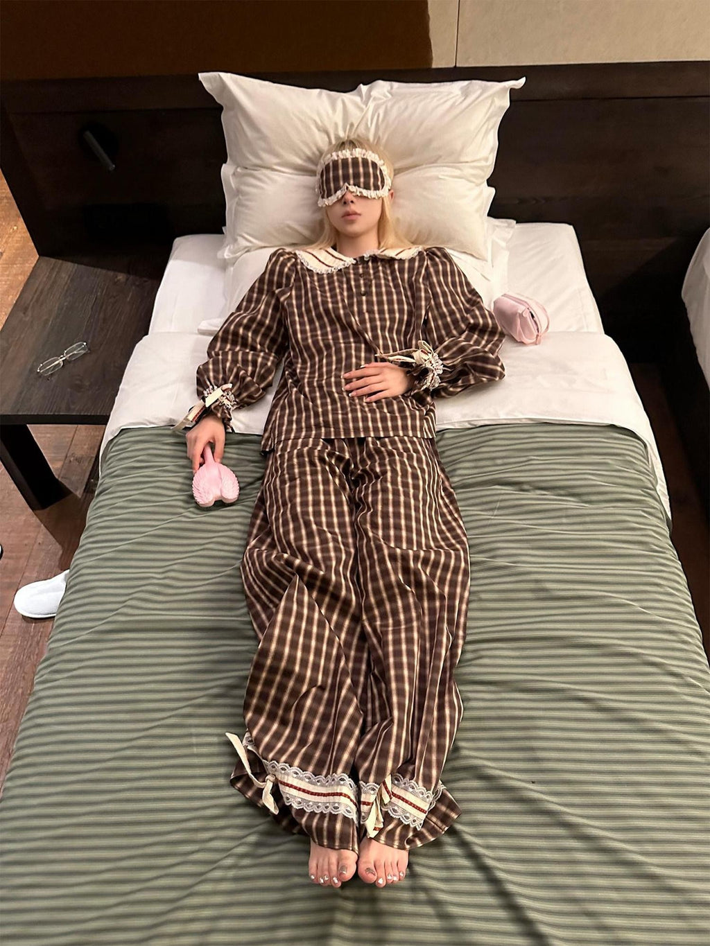 Rase le sol Brown Plaid Peter Pan Doll Collar Women's Lounge Top & Pants Sets