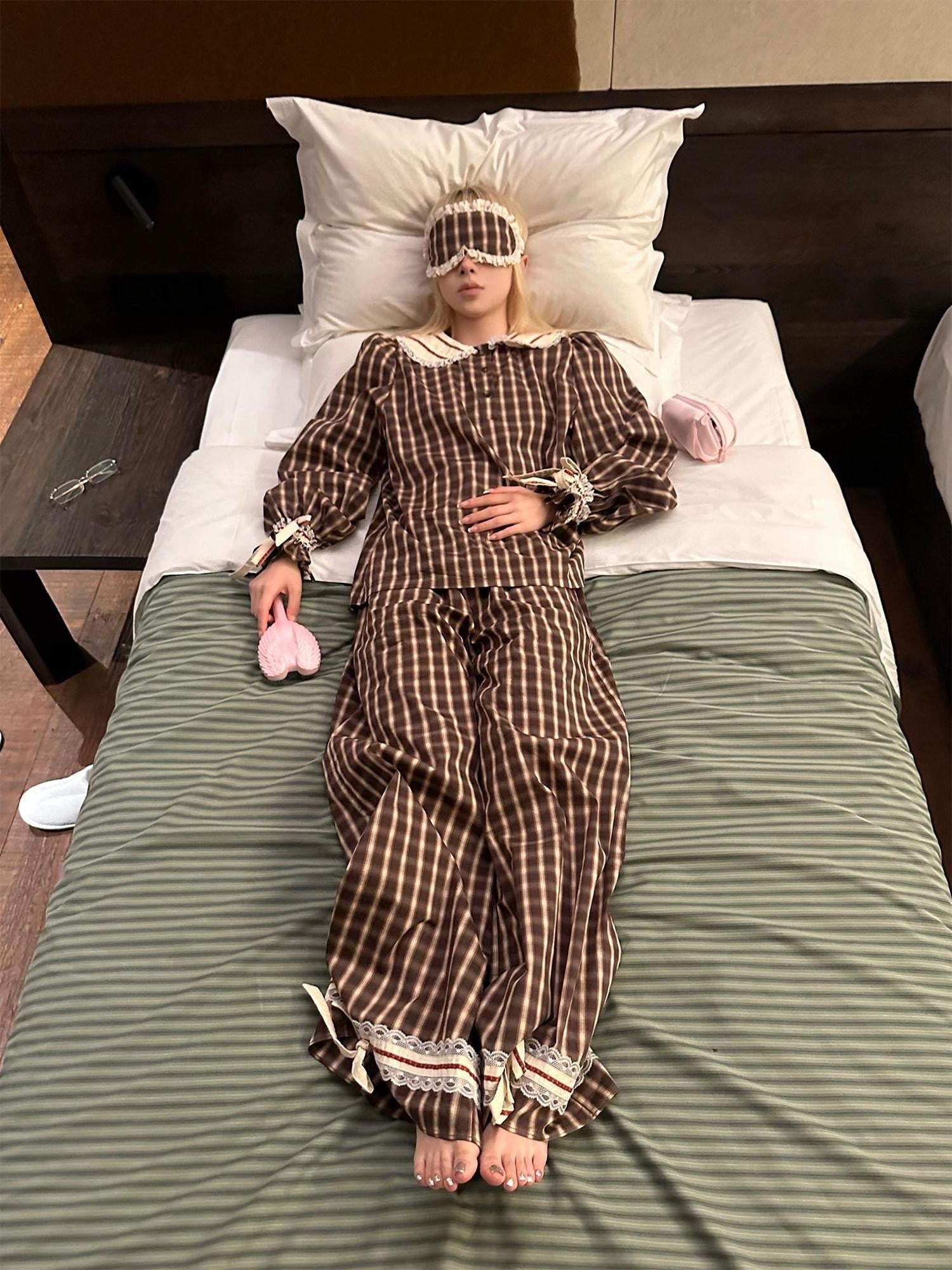 Rase le sol Brown Plaid Peter Pan Doll Collar Women's Lounge Top & Pants Sets