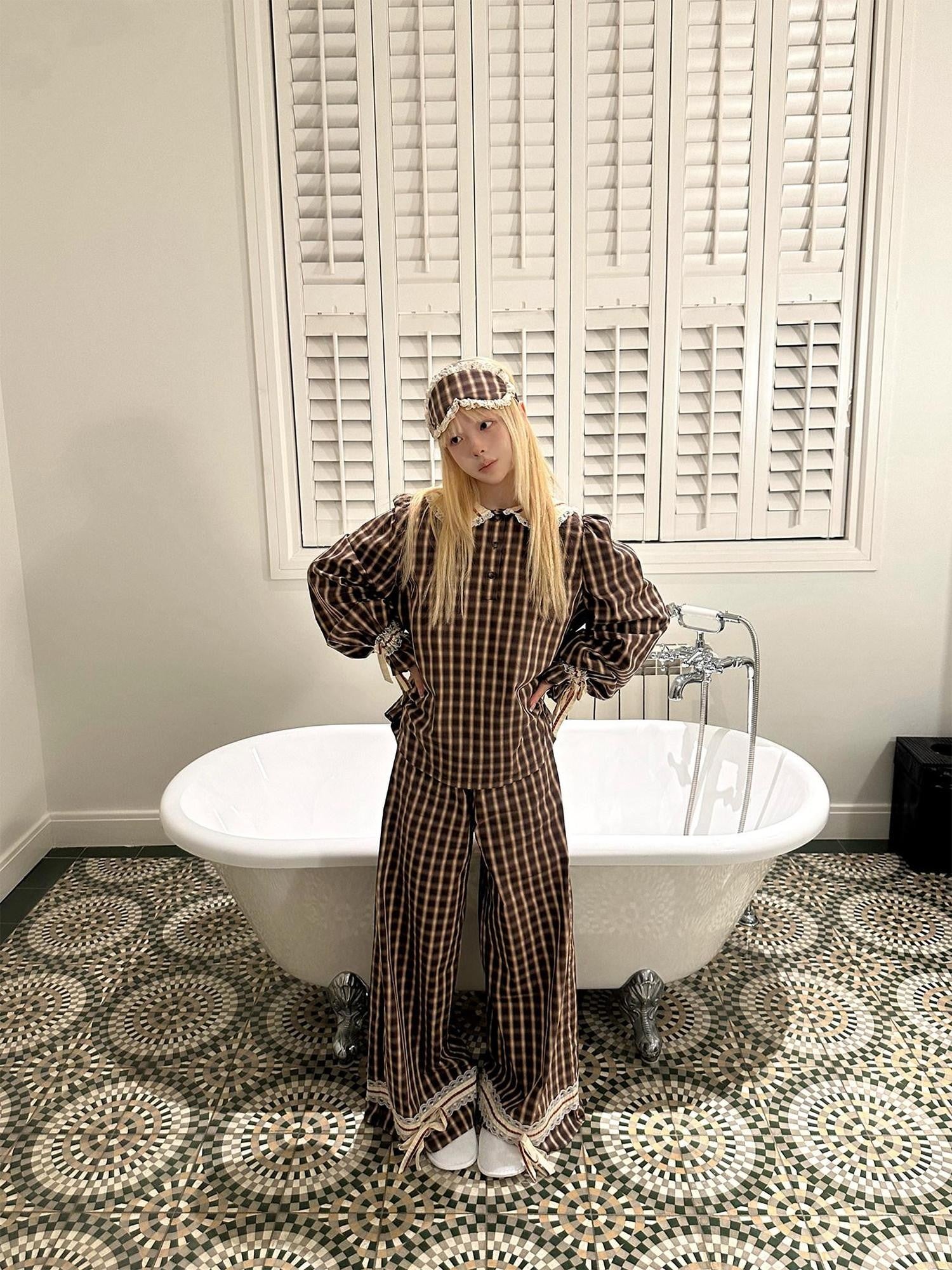 Rase le sol Brown Plaid Peter Pan Doll Collar Women's Lounge Top & Pants Sets
