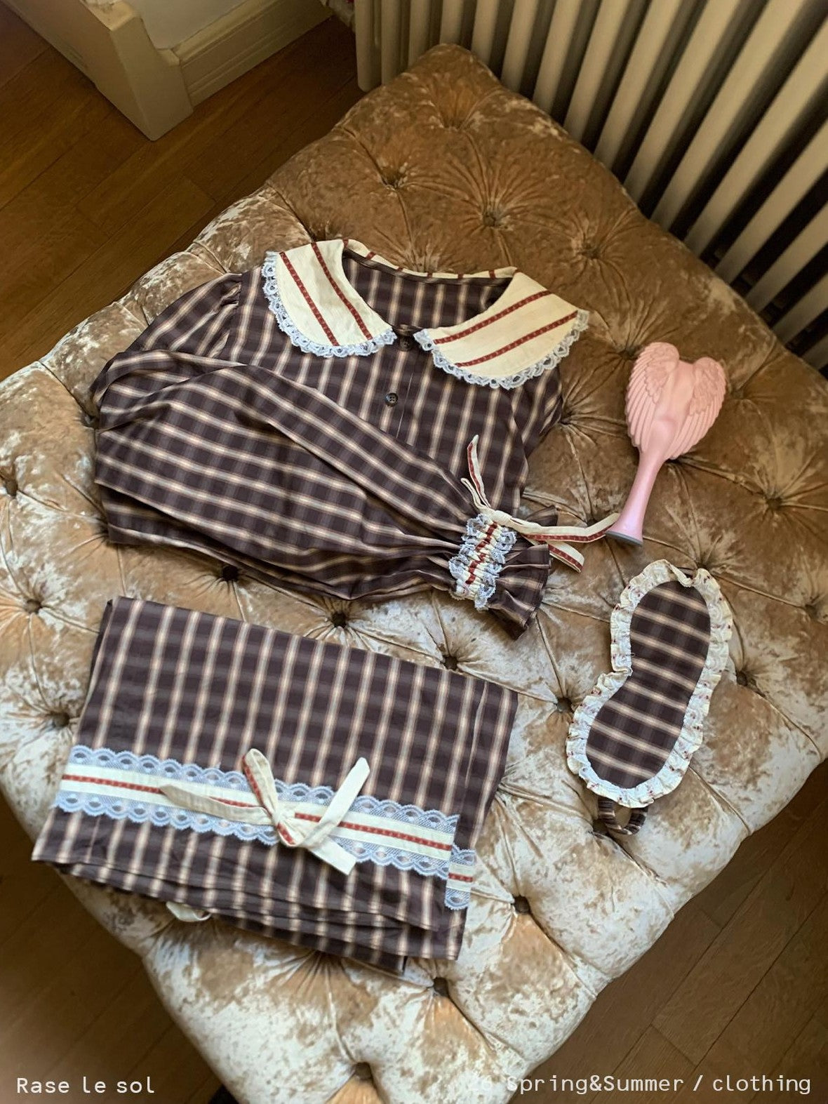 Rase le sol Brown Plaid Peter Pan Doll Collar Women's Lounge Top & Pants Sets