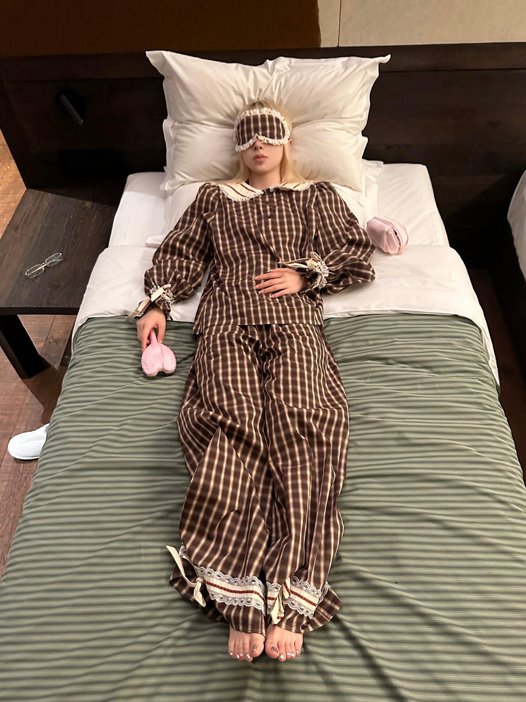 Rase le sol Brown Plaid Peter Pan Doll Collar Women's Lounge Top & Pants Sets