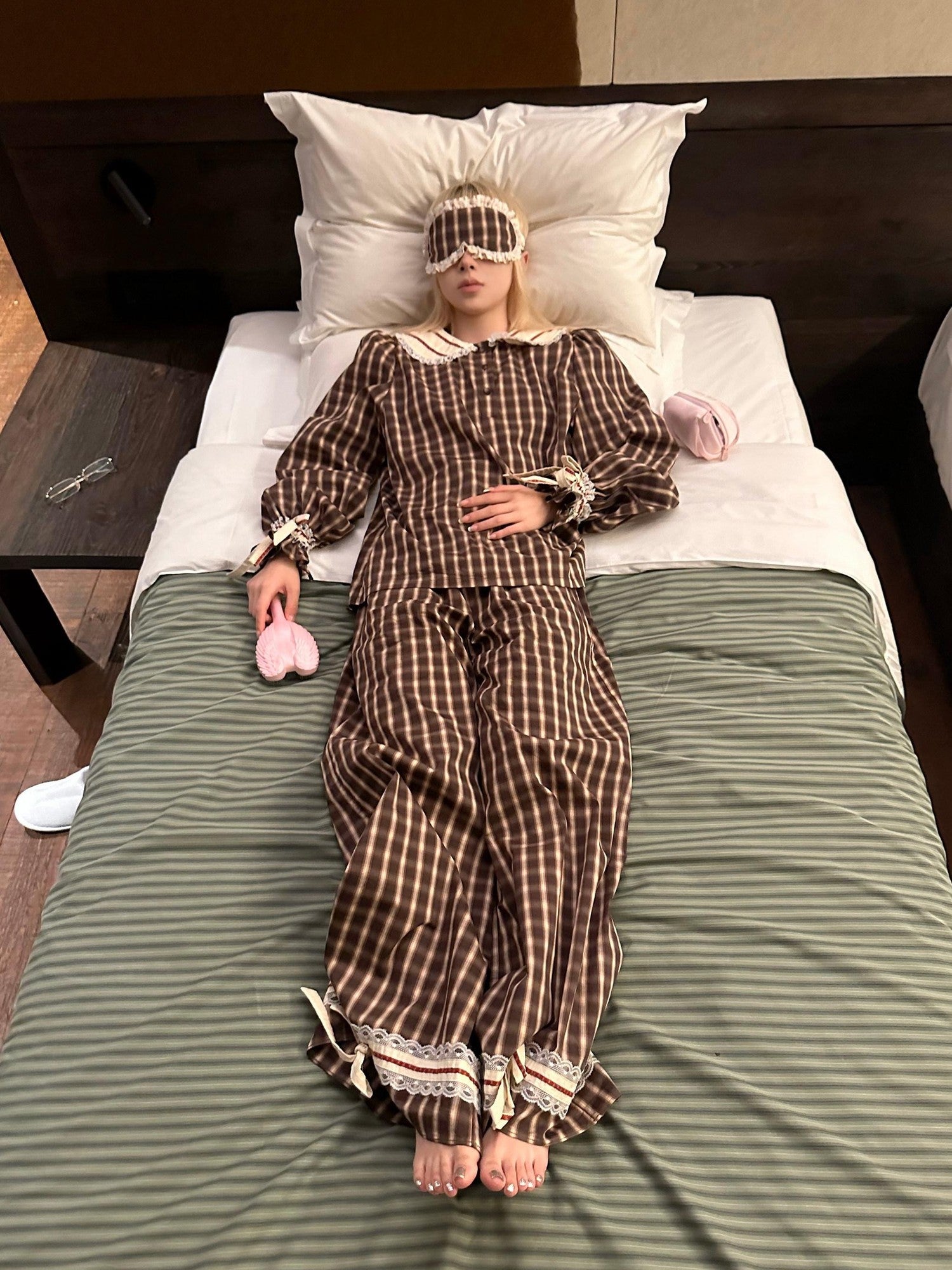Rase le sol Brown Plaid Peter Pan Doll Collar Women's Lounge Top & Pants Sets