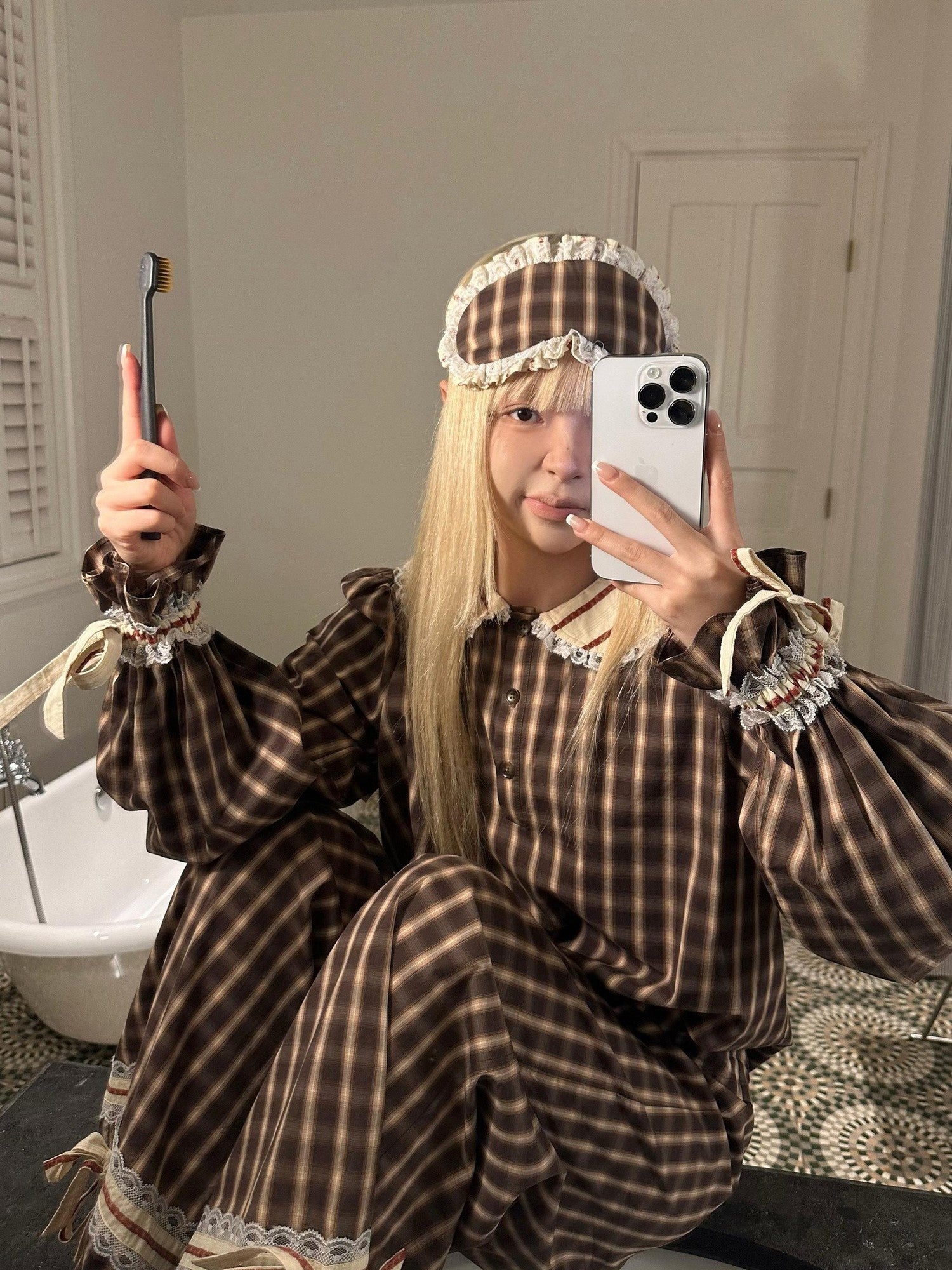 Rase le sol Brown Plaid Peter Pan Doll Collar Women's Lounge Top & Pants Sets