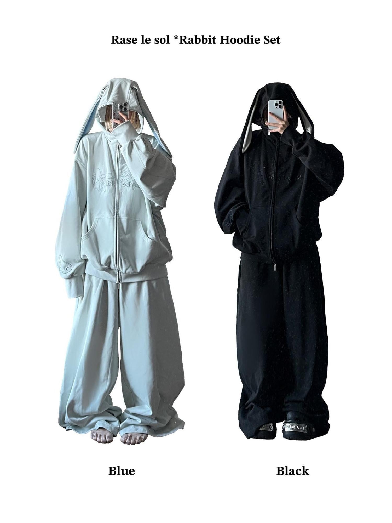 Rase le sol Bunny Ear Hooded Sweatshirt Wide Leg Loose Women's Tracksuit Sets