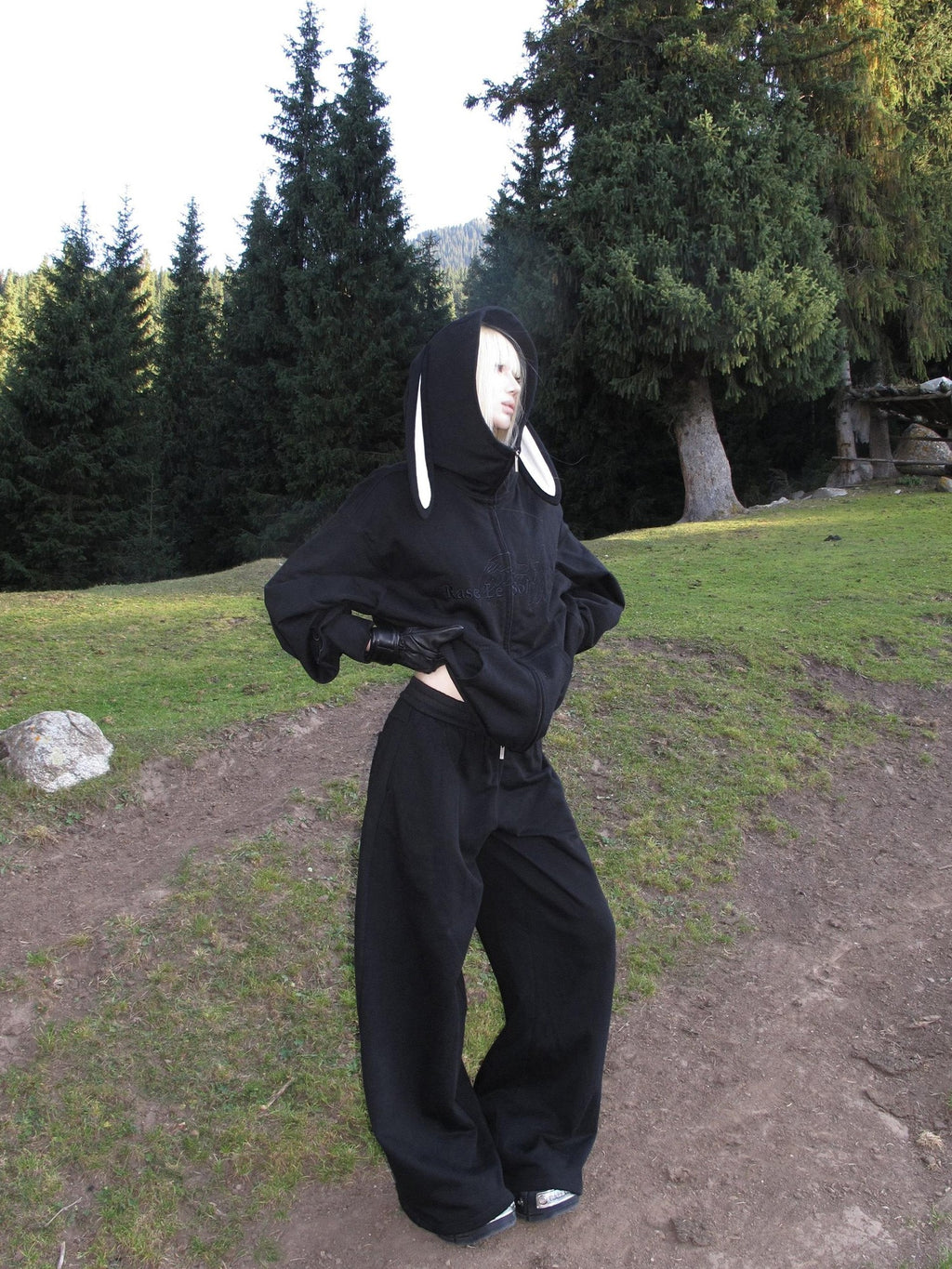 Rase le sol Bunny Ear Hooded Sweatshirt Wide Leg Loose Women's Tracksuit Sets