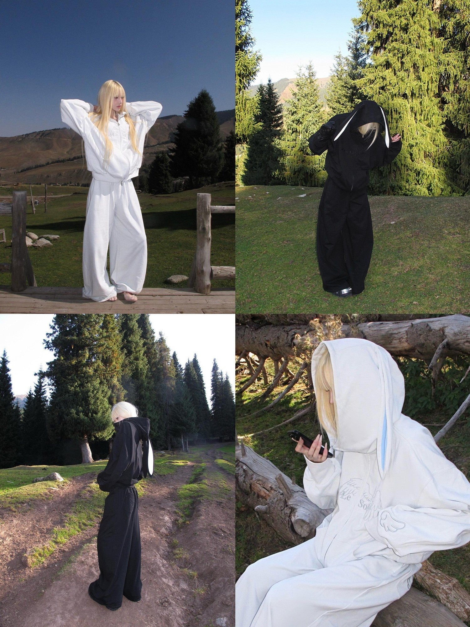Rase le sol Bunny Ear Hooded Sweatshirt Wide Leg Loose Women's Tracksuit Sets