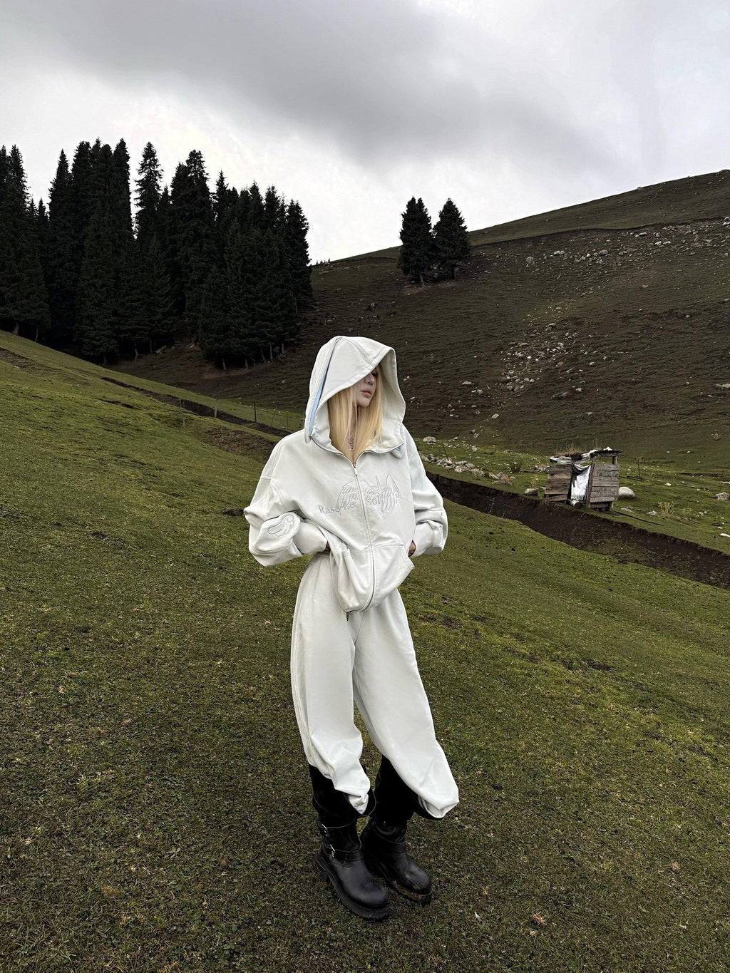 Rase le sol Bunny Ear Hooded Sweatshirt Wide Leg Loose Women's Tracksuit Sets