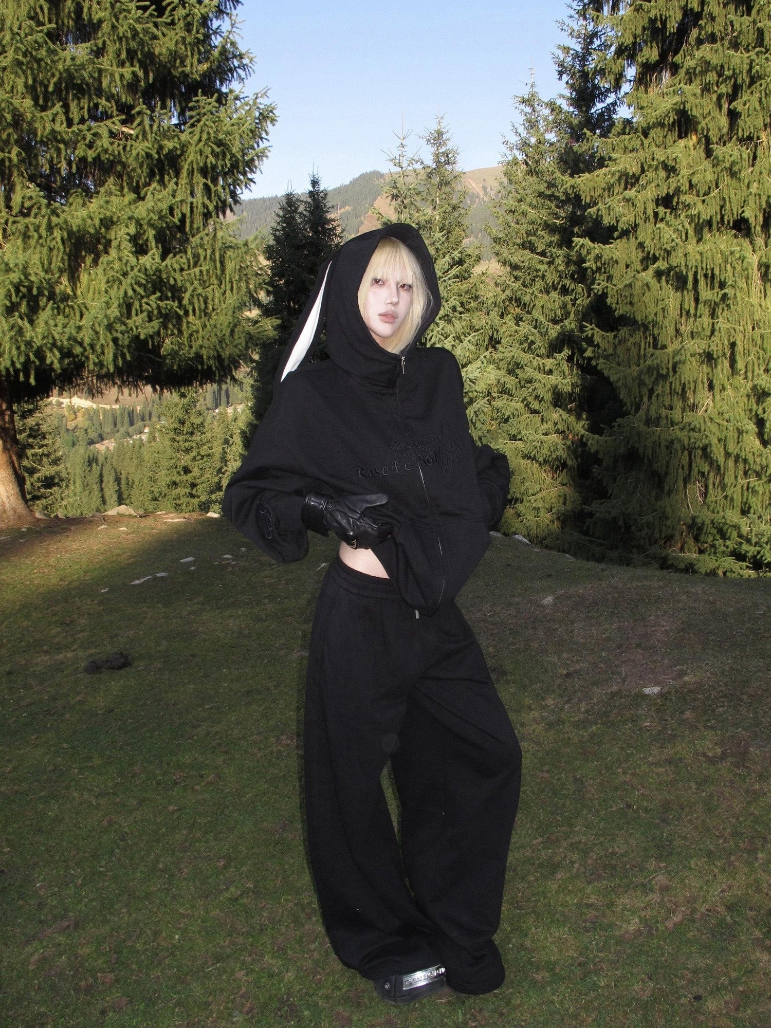 Rase le sol Bunny Ear Hooded Sweatshirt Wide Leg Loose Women's Tracksuit Sets